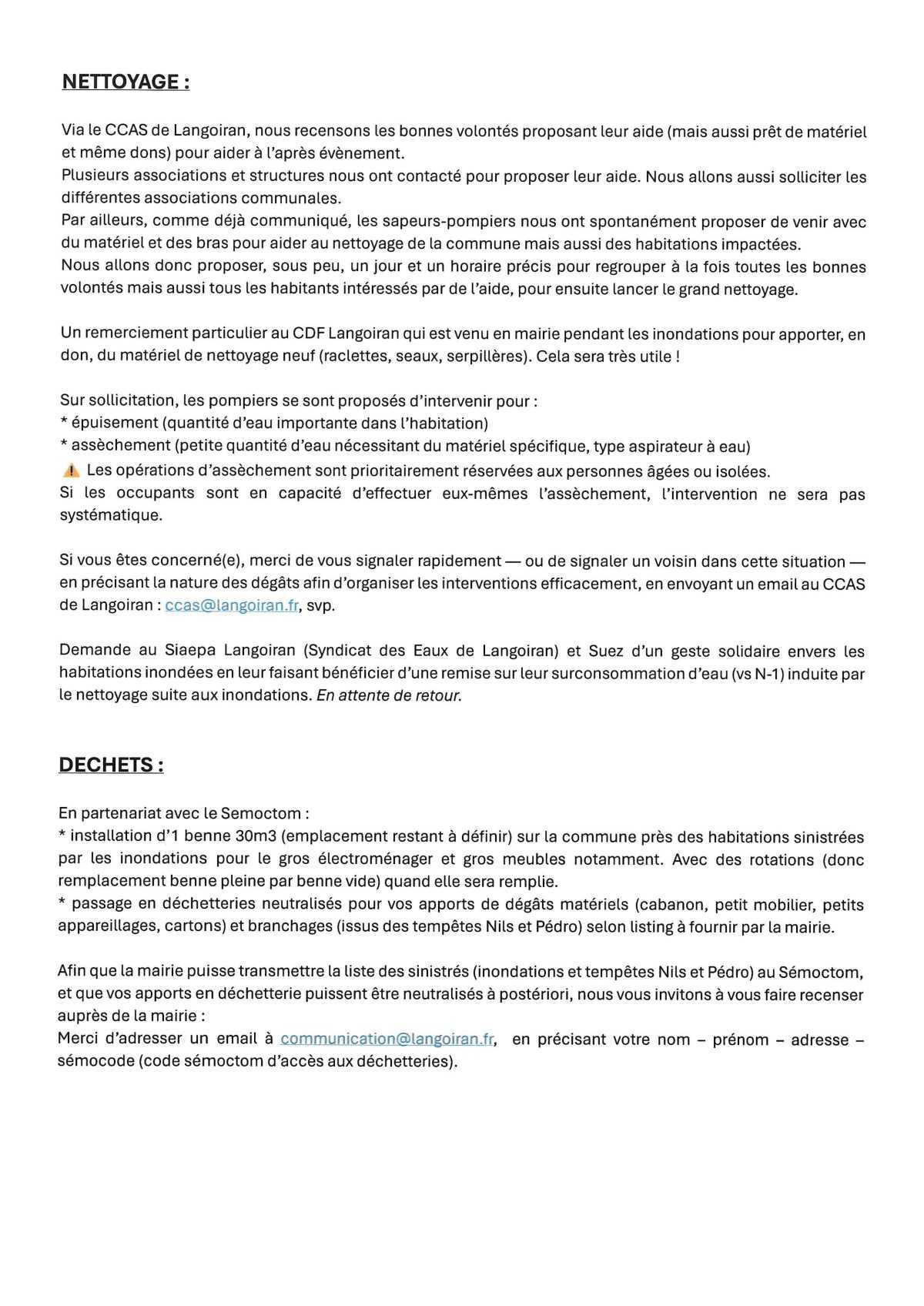 Inondations : Nettoyage et évacuation des déchets