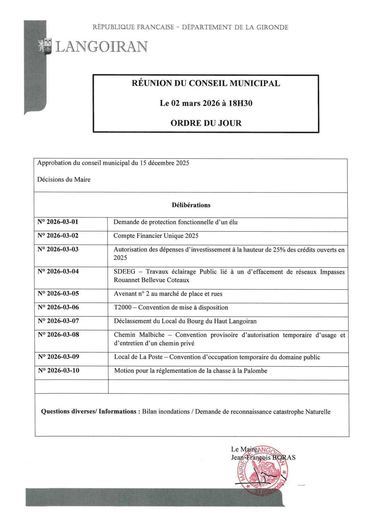 Conseil municipal du 02/03/2026