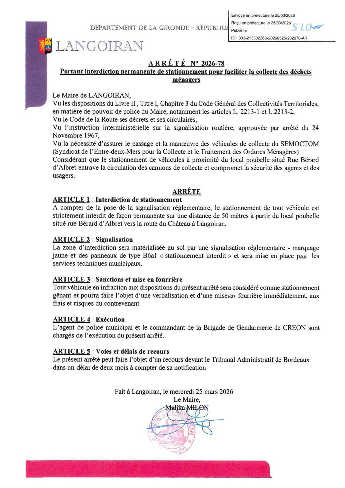 Arrêté municipal permanent stationnement au Pied du Château