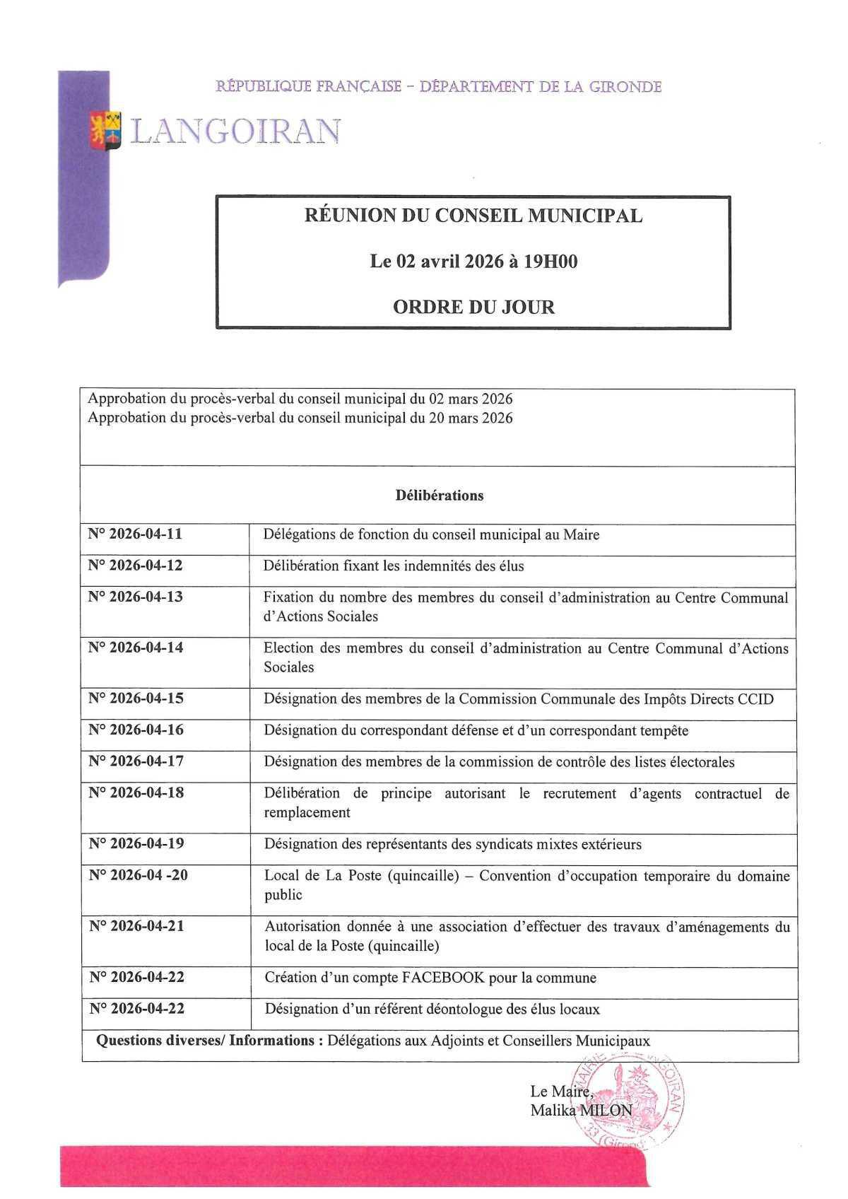 Conseil municipal du 02/04/2026