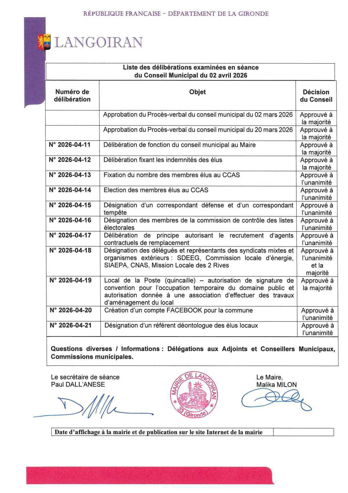 Conseil municipal du 02/04/2026
