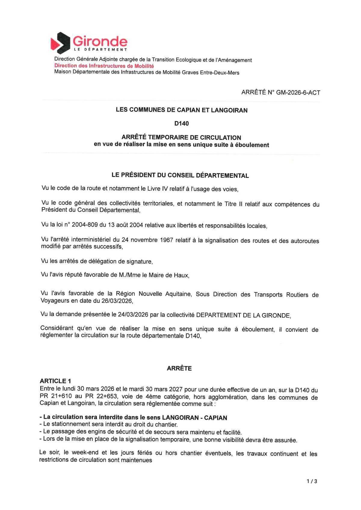 Arrêté de circulation du Département de la Gironde