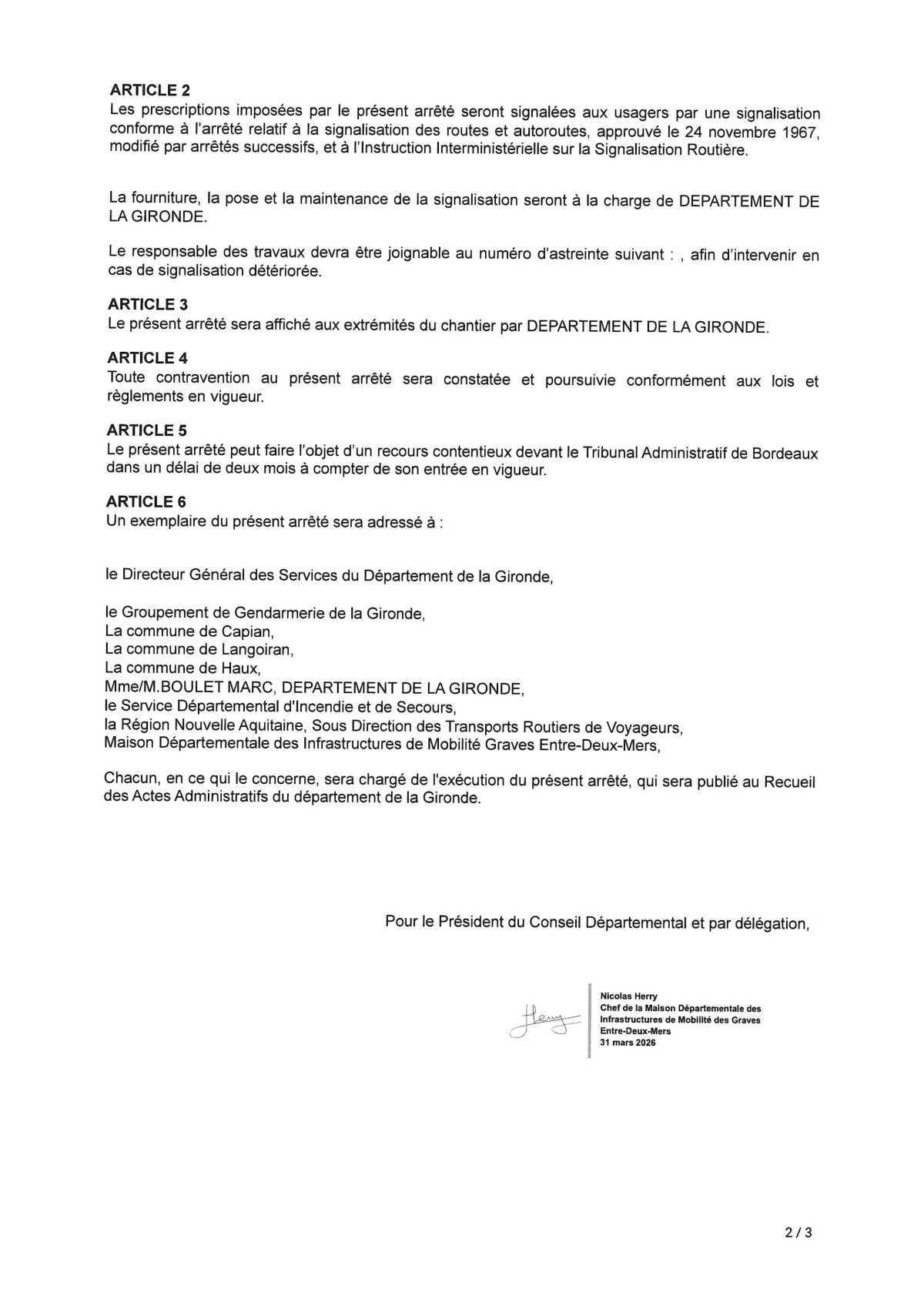 Arrêté de circulation du Département de la Gironde