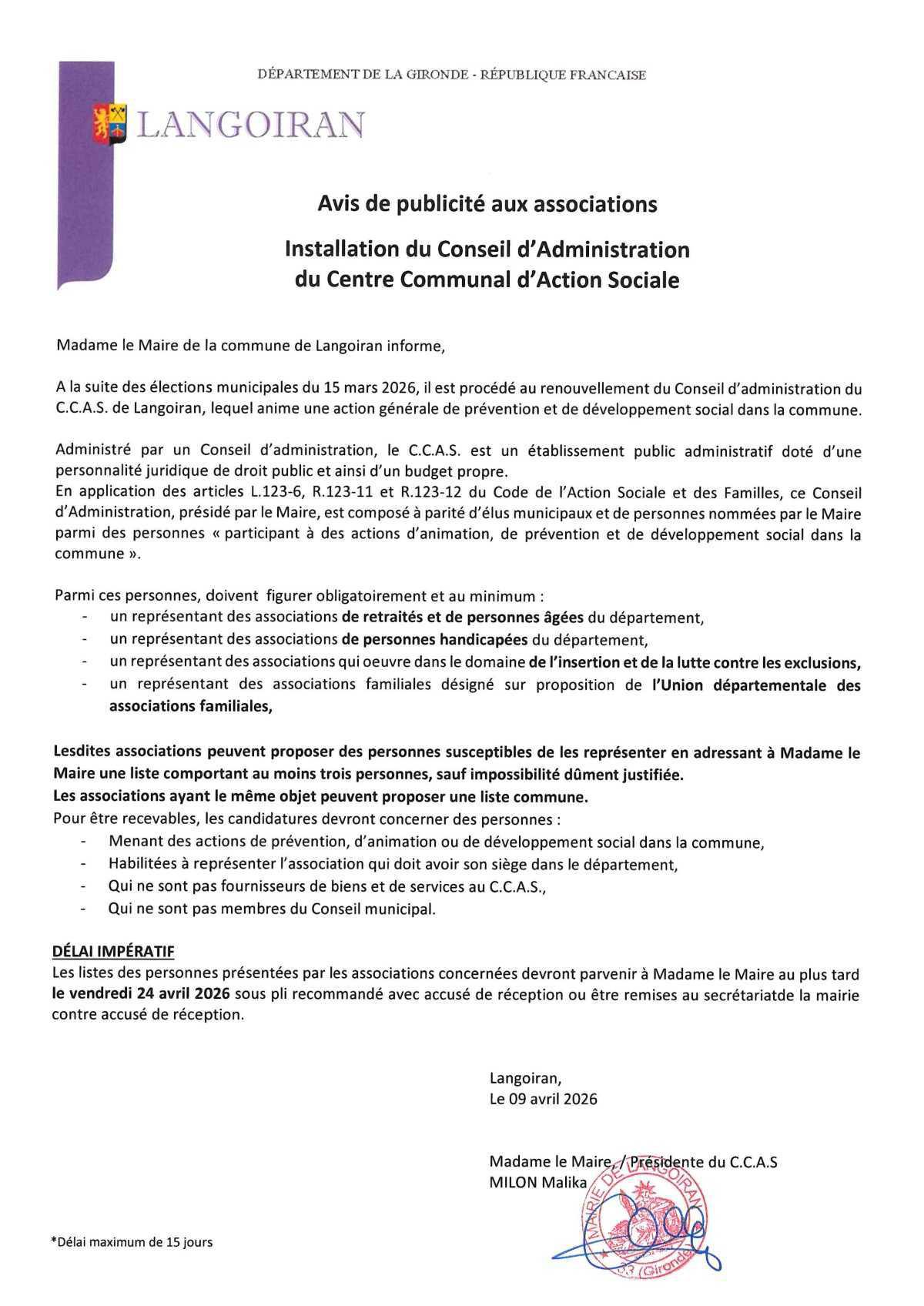 CCAS de Langoiran : appel à candidature