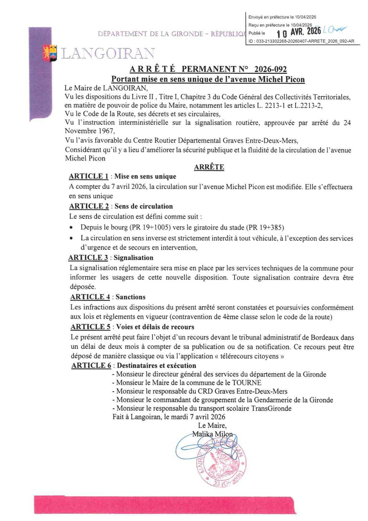 Arrêté municipal permanent, sens unique avenue Michel Picon