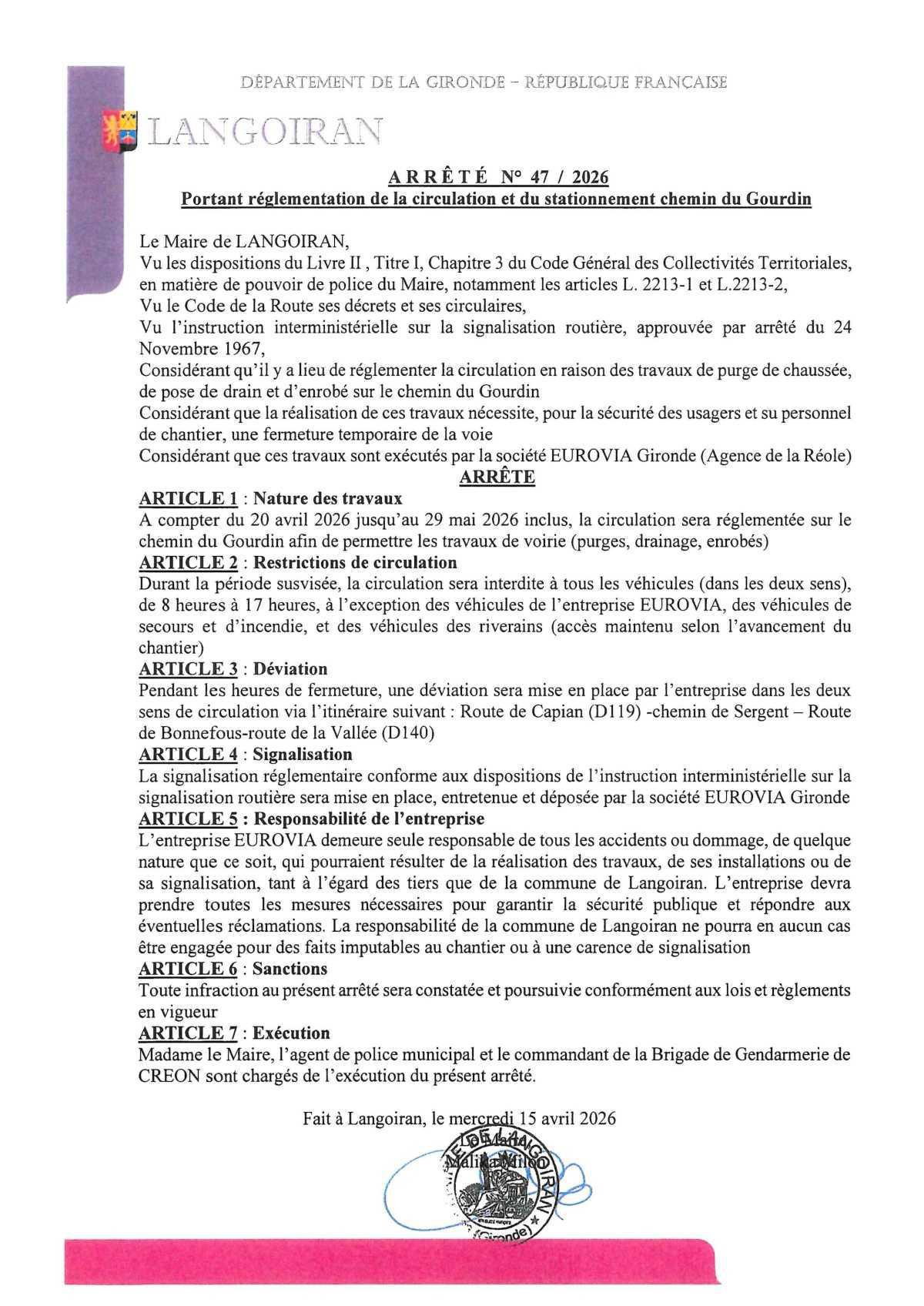 Arrêté municipal : circulation et stationnement chemin du Gourdin