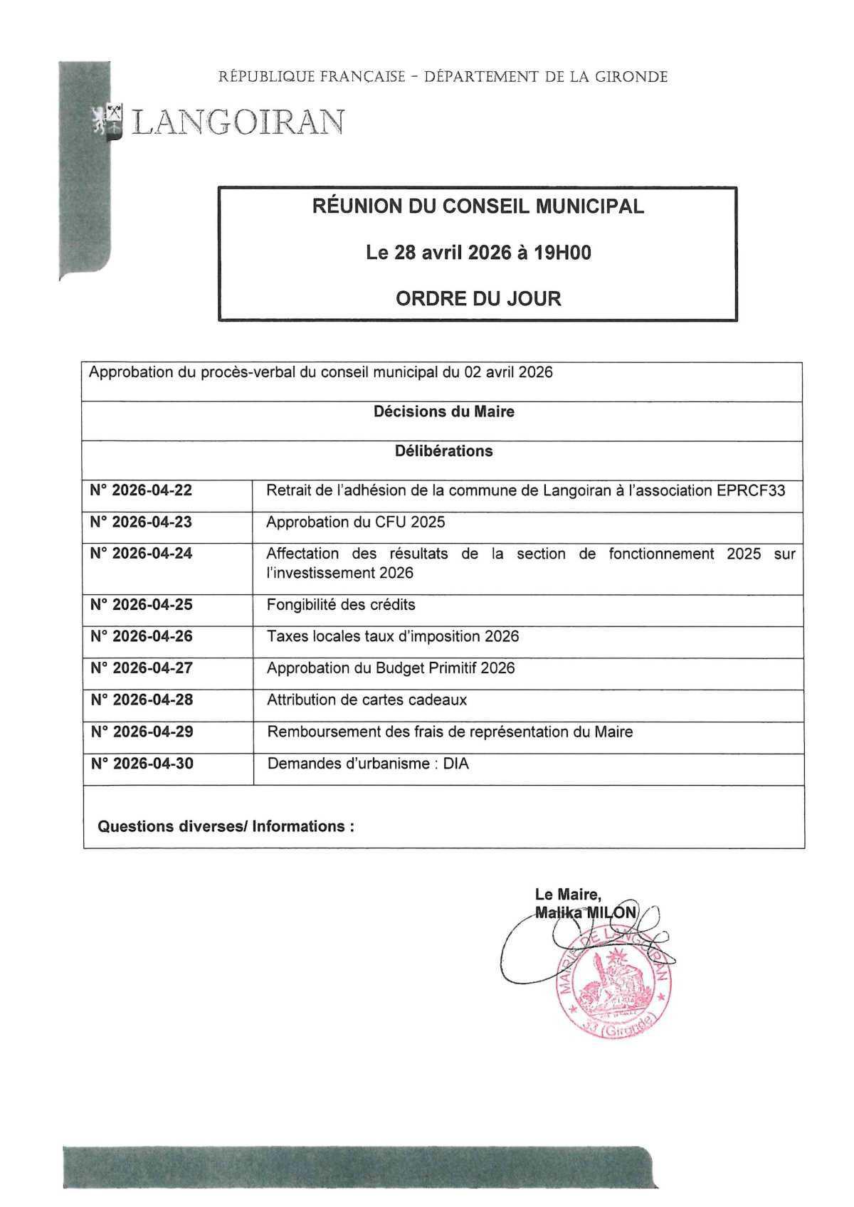 Conseil municipal du 28/04/2026