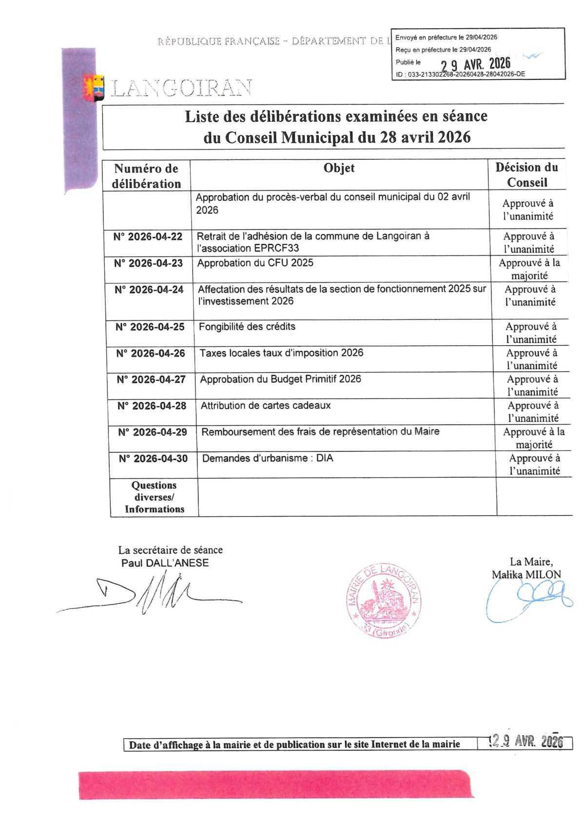 Conseil municipal du 28/04/2026