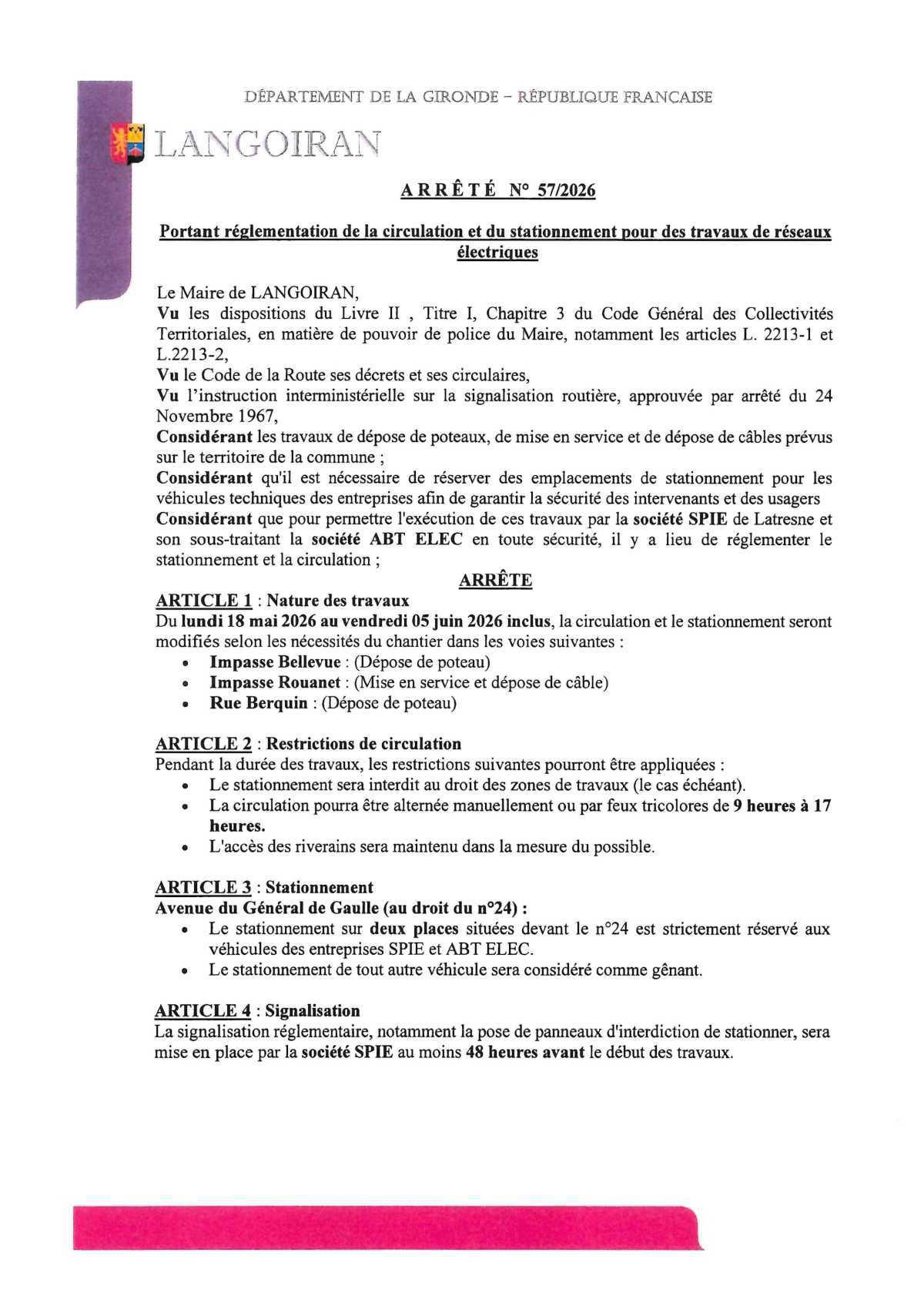 Arrêté de stationnement : Travaux sur le réseau électrique