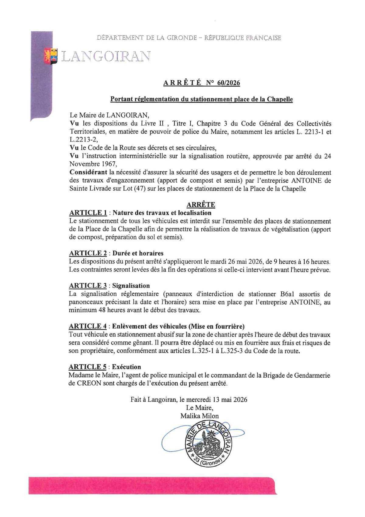 Arrêté portant règlementation du stationnement place de La Chapelle