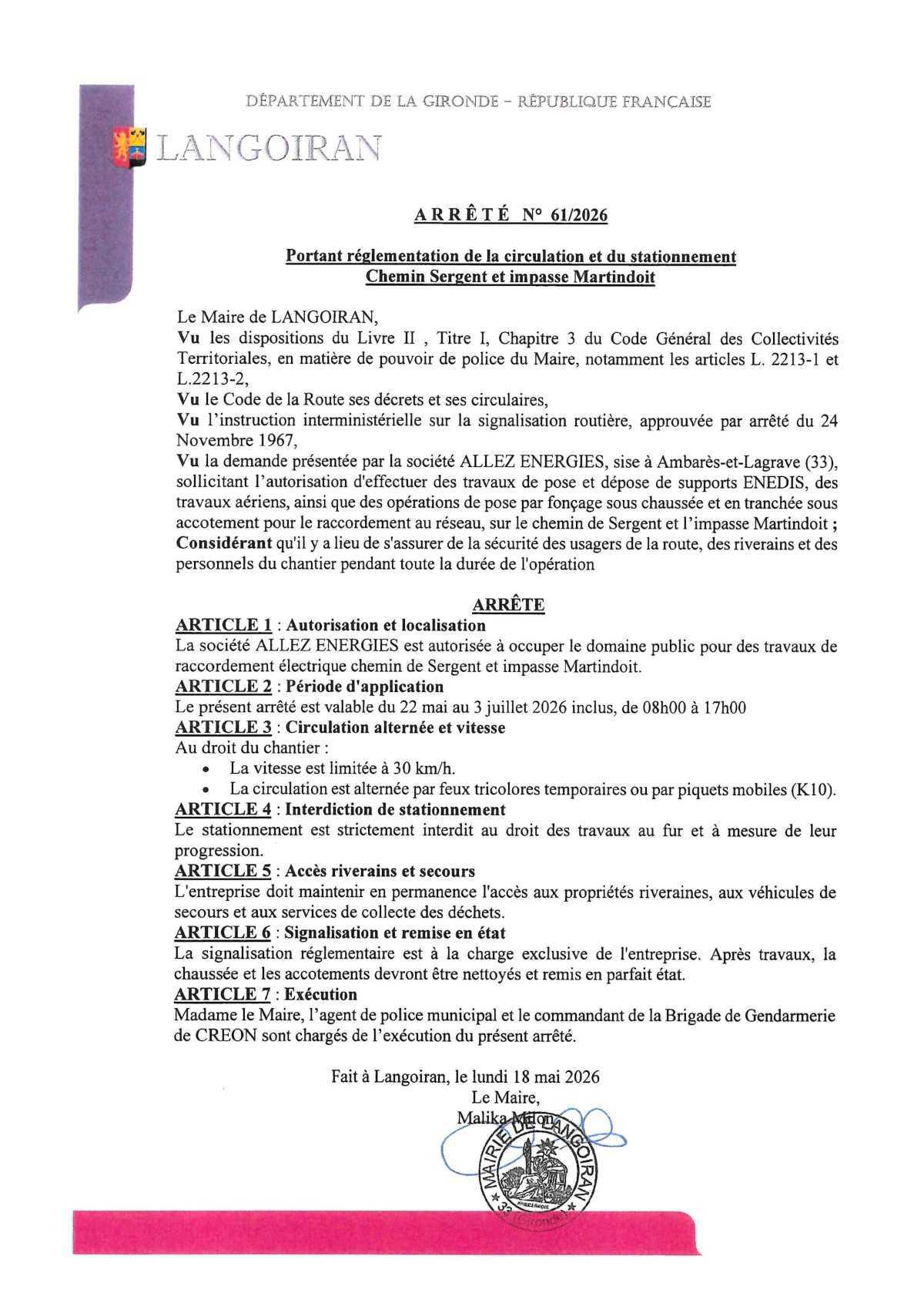 Arrêté portant règlementation de la circulation et du stationnement chemin Sergent et impasse Martindoit