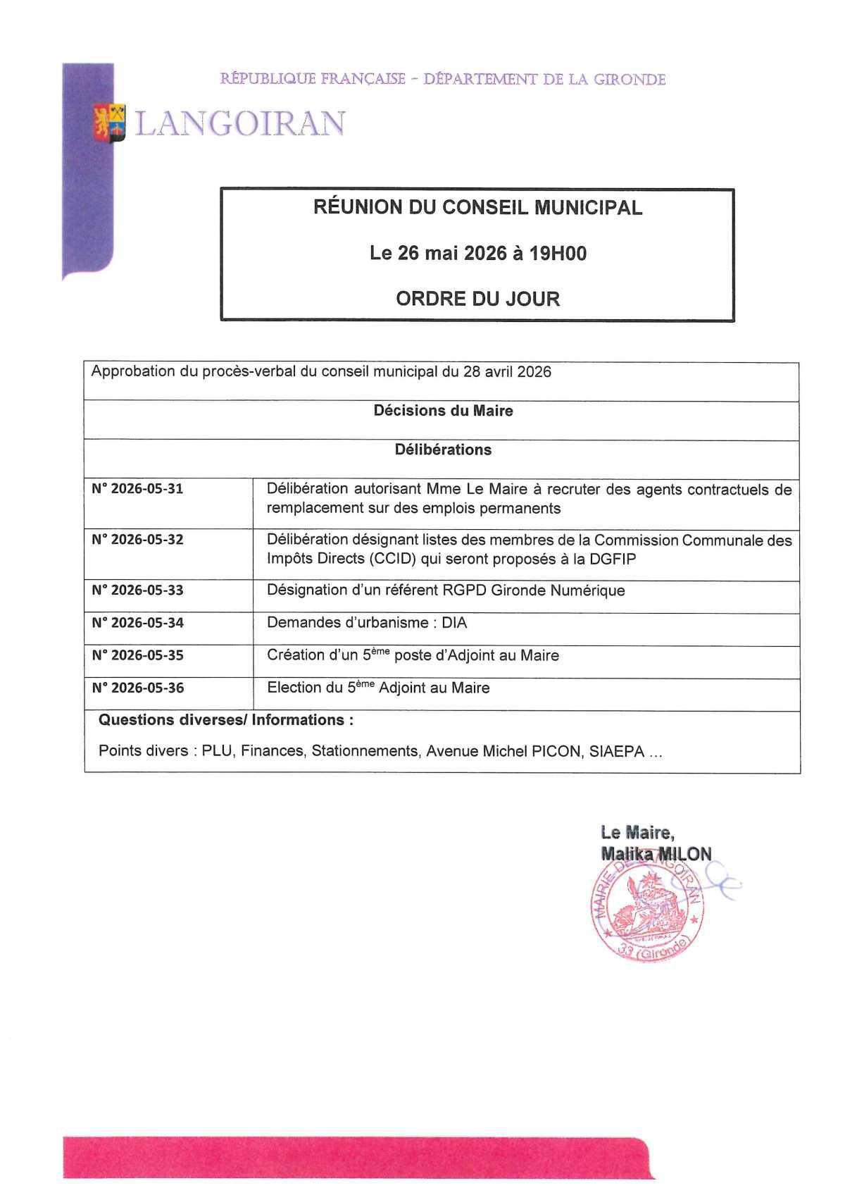 Conseil municipal du 26/05/2026