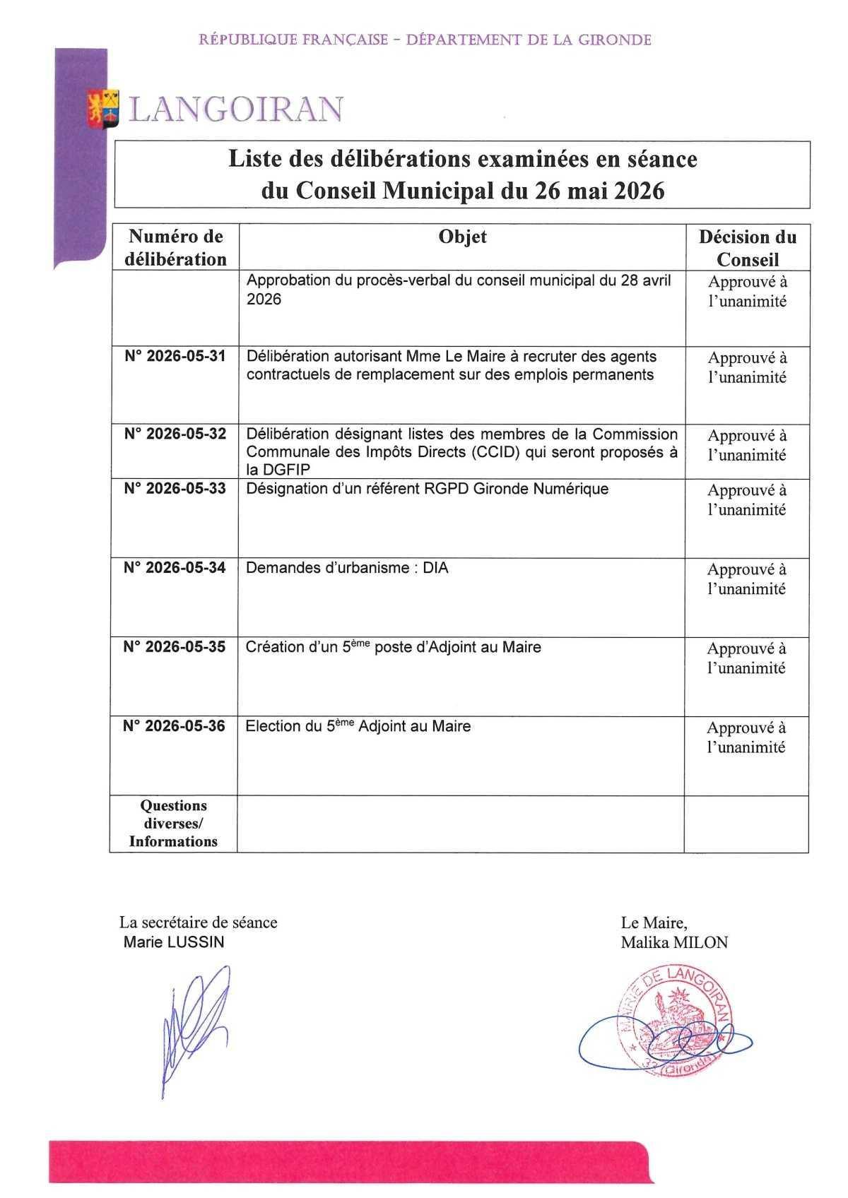 Conseil municipal du 26/05/2026