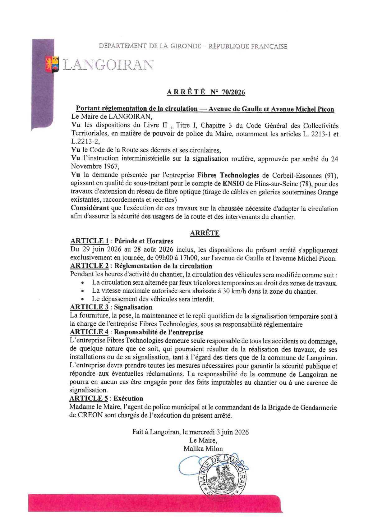 Arrêté portant règlementation de la circulation - Av du Gal de Gaulle et Av M. Picon