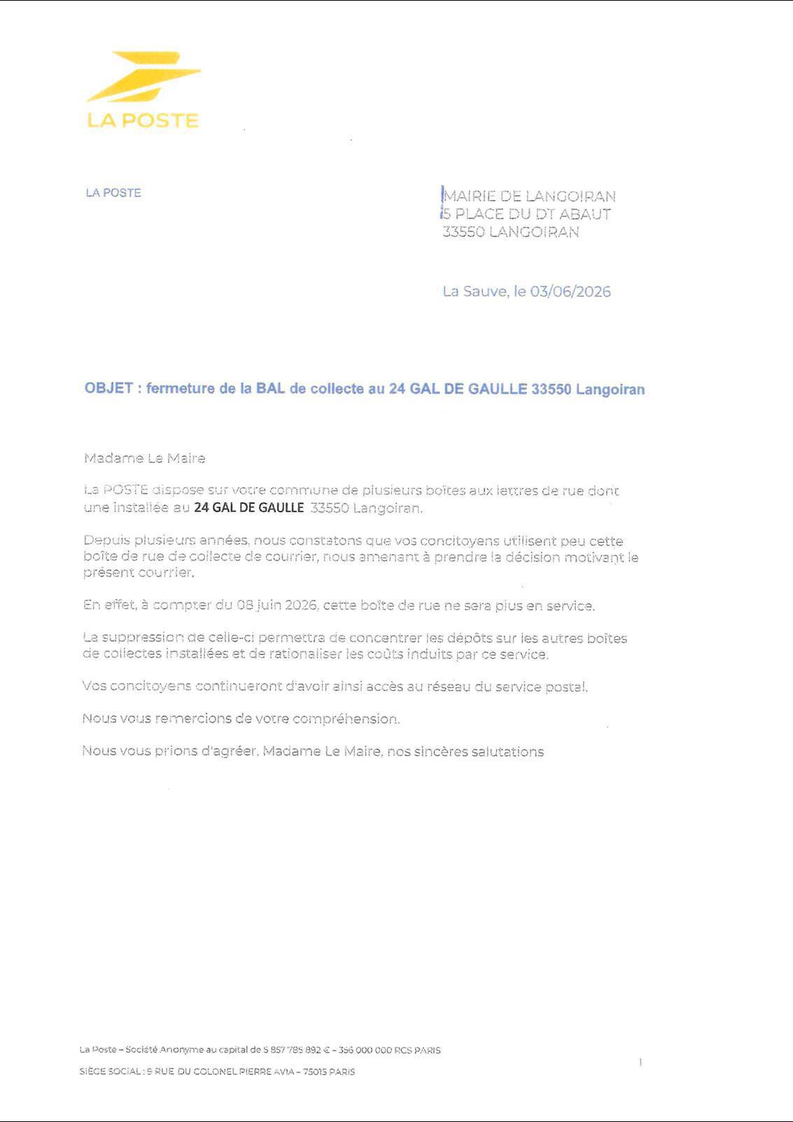 Fermeture de la boîte aux lettres de l'avenue du Général de Gaulle
