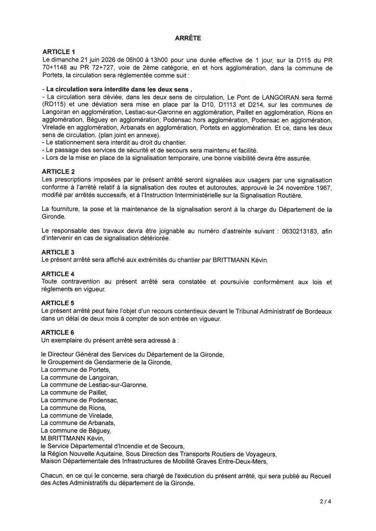 Fermeture du pont de Langoiran le 21 juin 2026