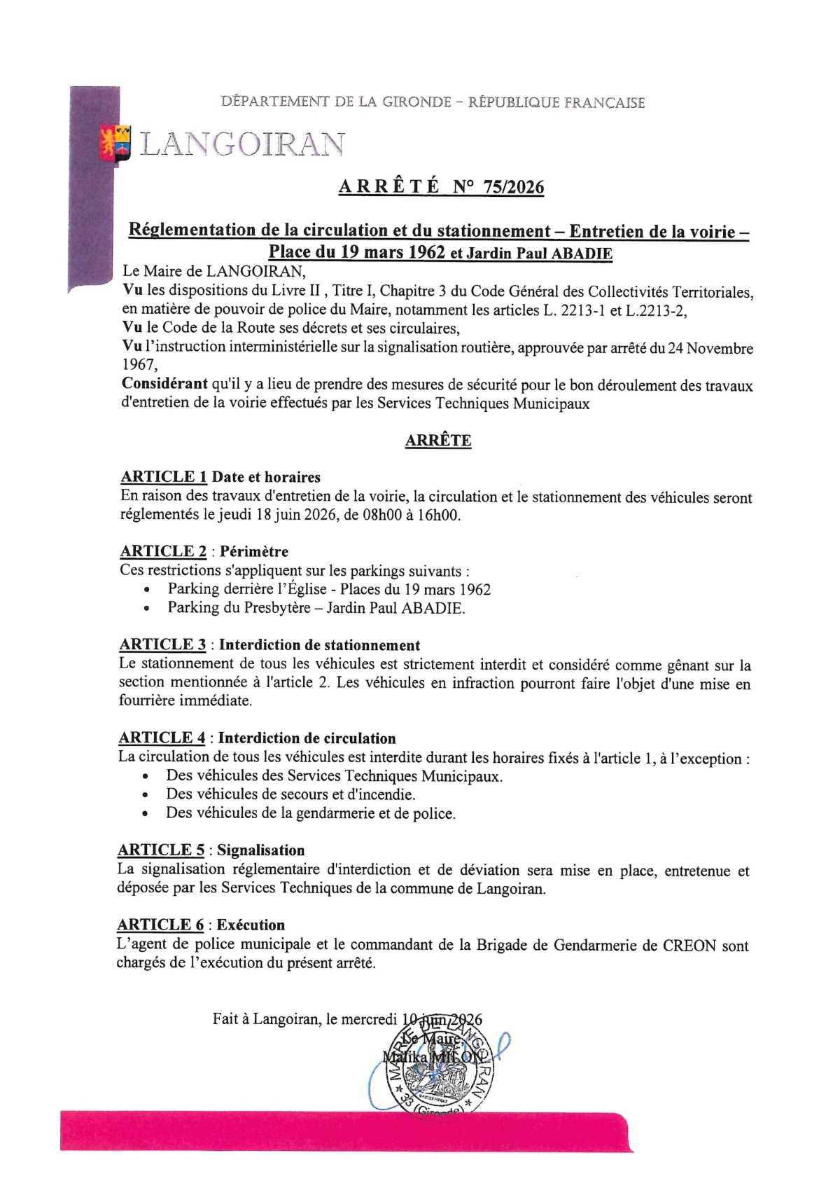 Arrêté règlementation circulation et stationnement - Pl du 19 mars 1962 et Jardin Paul Abadie