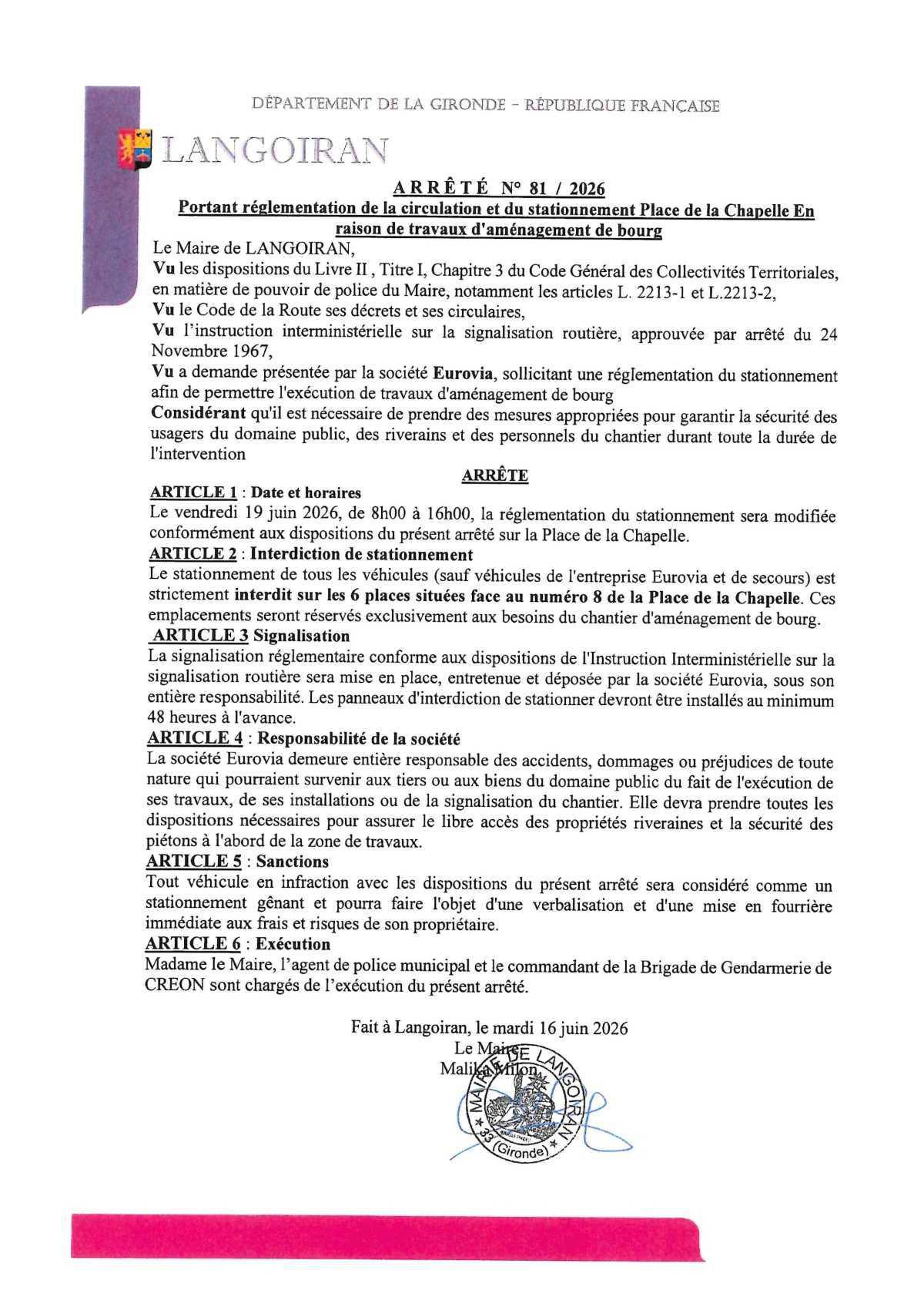 Arrêté règlementation circulation et stationnement - Place de la Chapelle