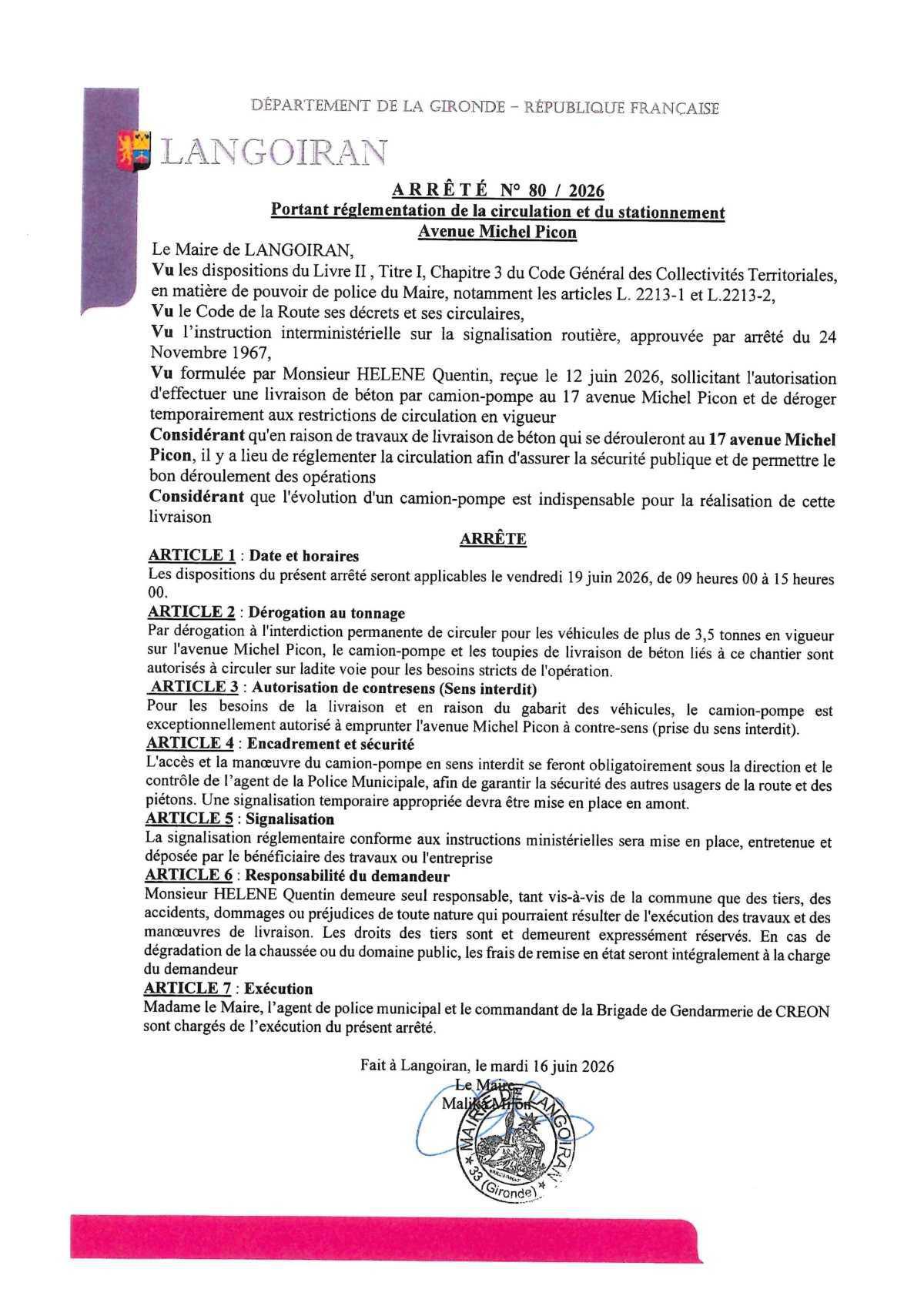 Arrêté règlementation circulation et stationnement - Avenue Michel Picon