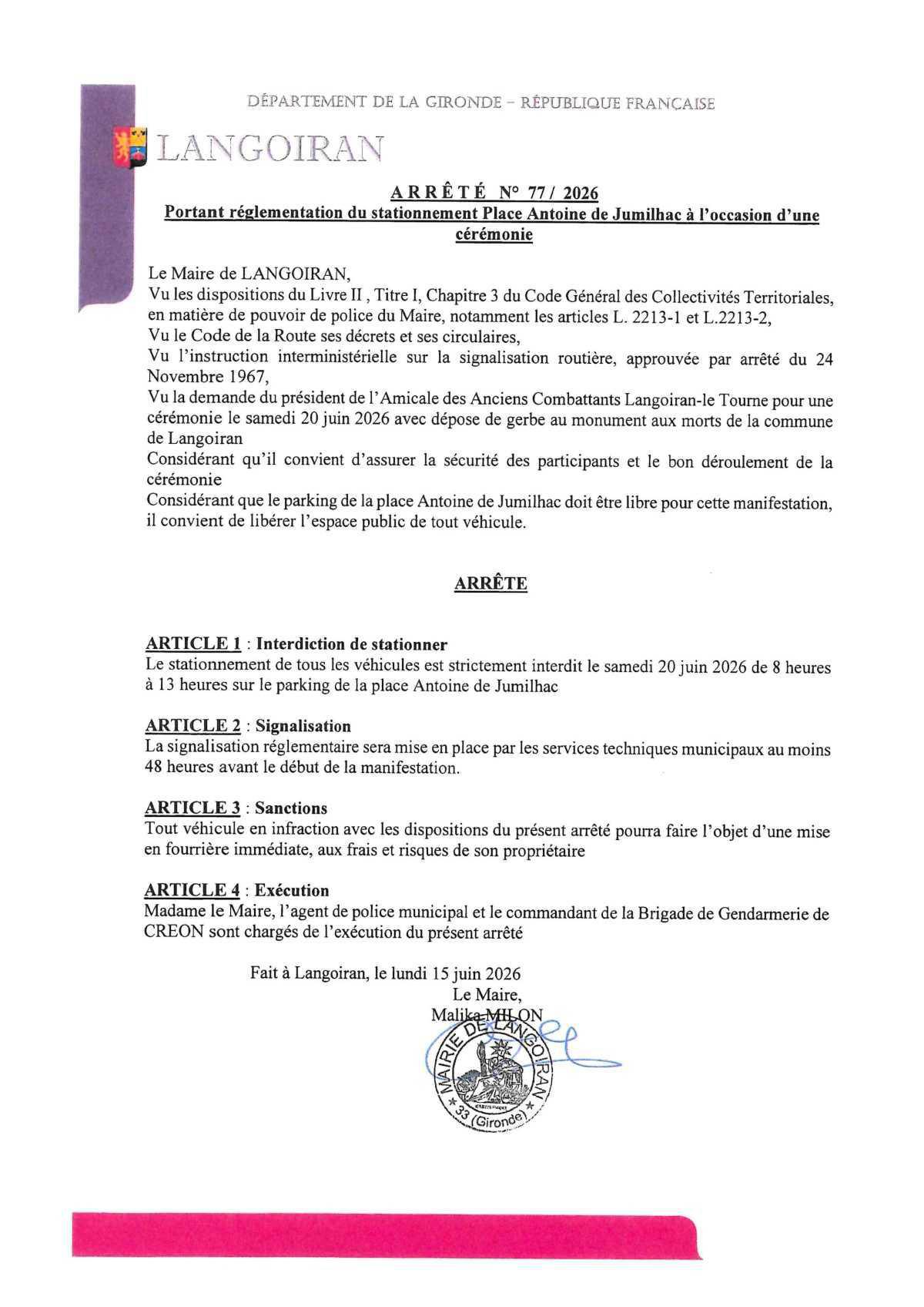 Arrêté règlementation stationnement - Place Antoine de Jumilhac