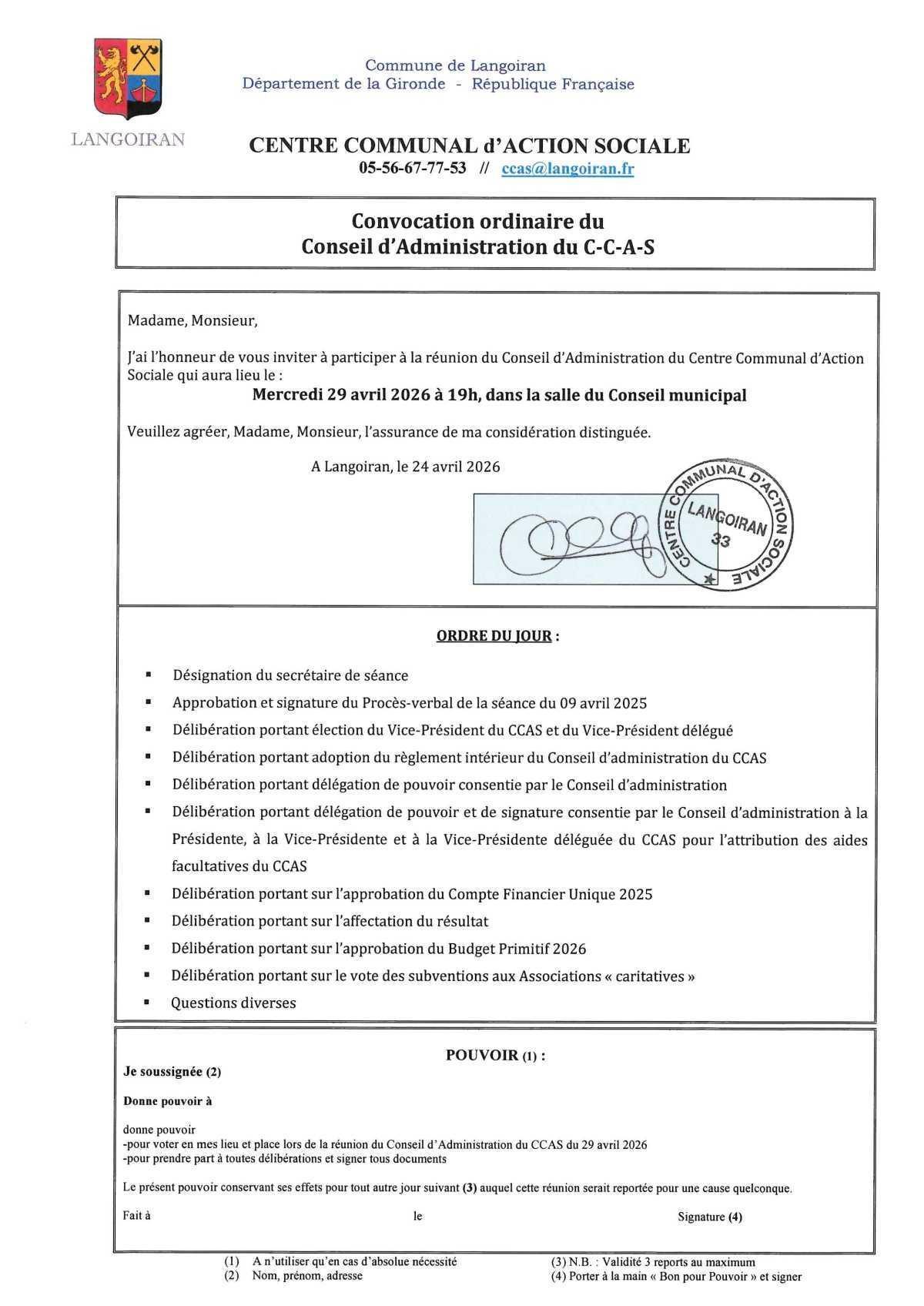 Conseil d'administration du CCAS du 29/04/2026