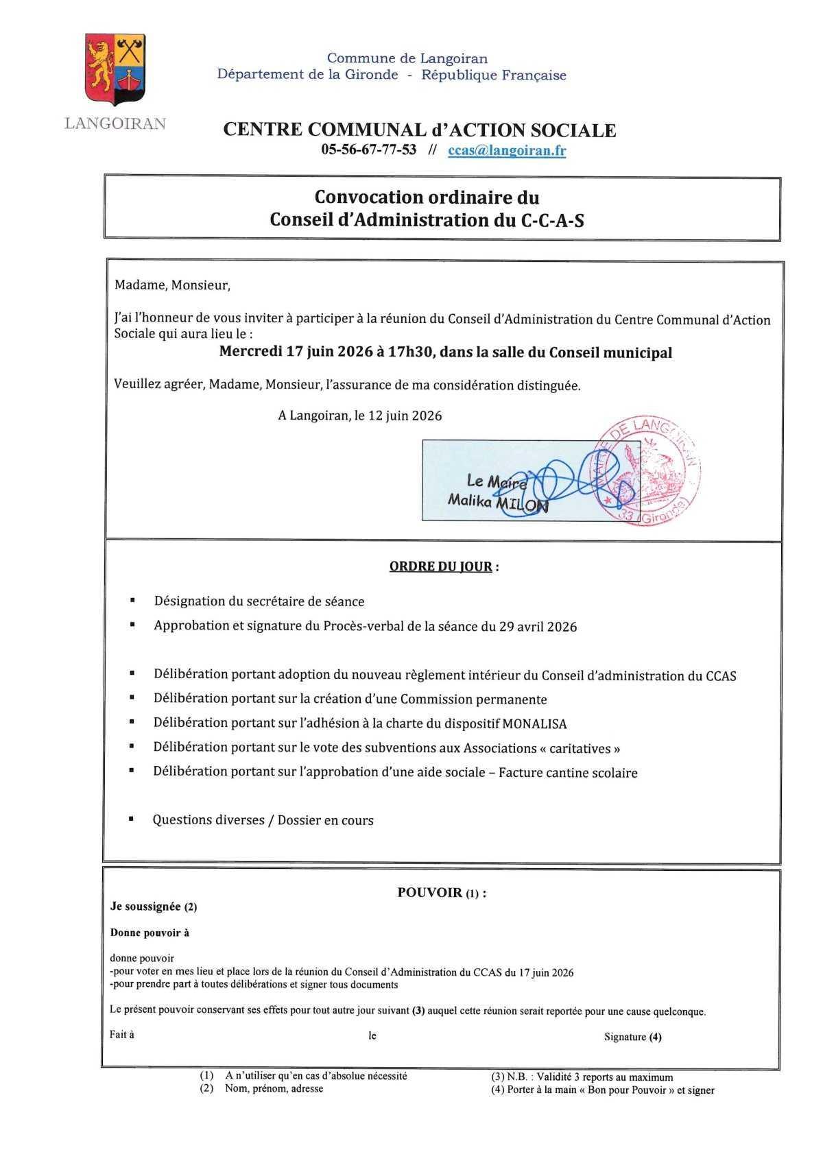 Conseil d'administration du CCAS du 17/06/2026
