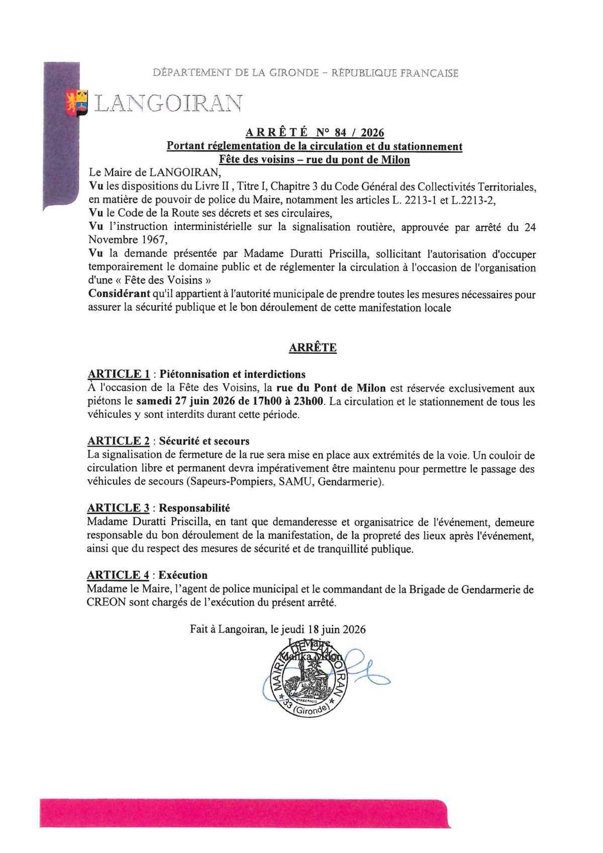 Arrêté règlementation circulation et stationnement - Rue du Pont de Milon