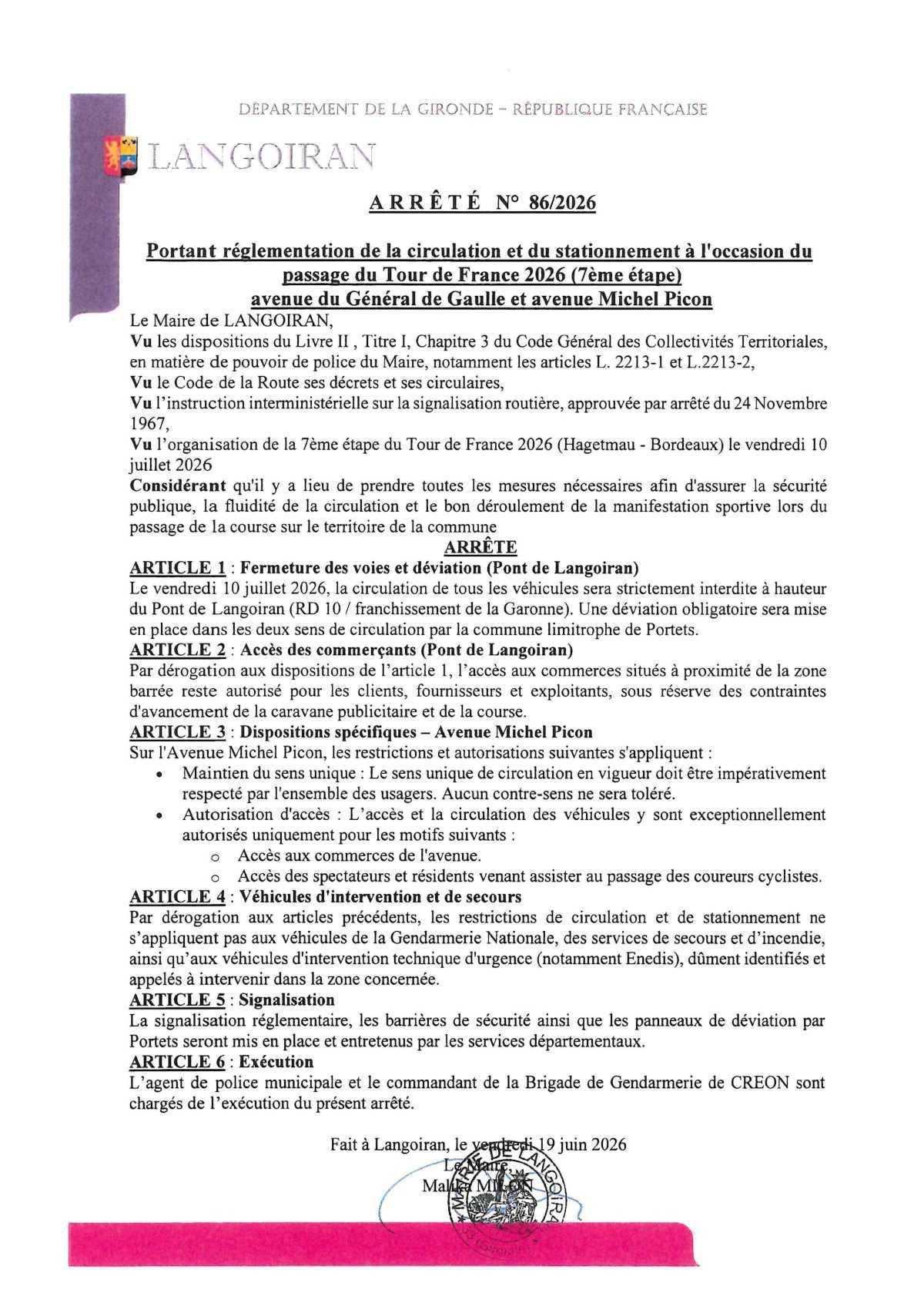 Arrêté règlementation circulation et stationnement - Passage du Tour de France le 10 juillet 2026