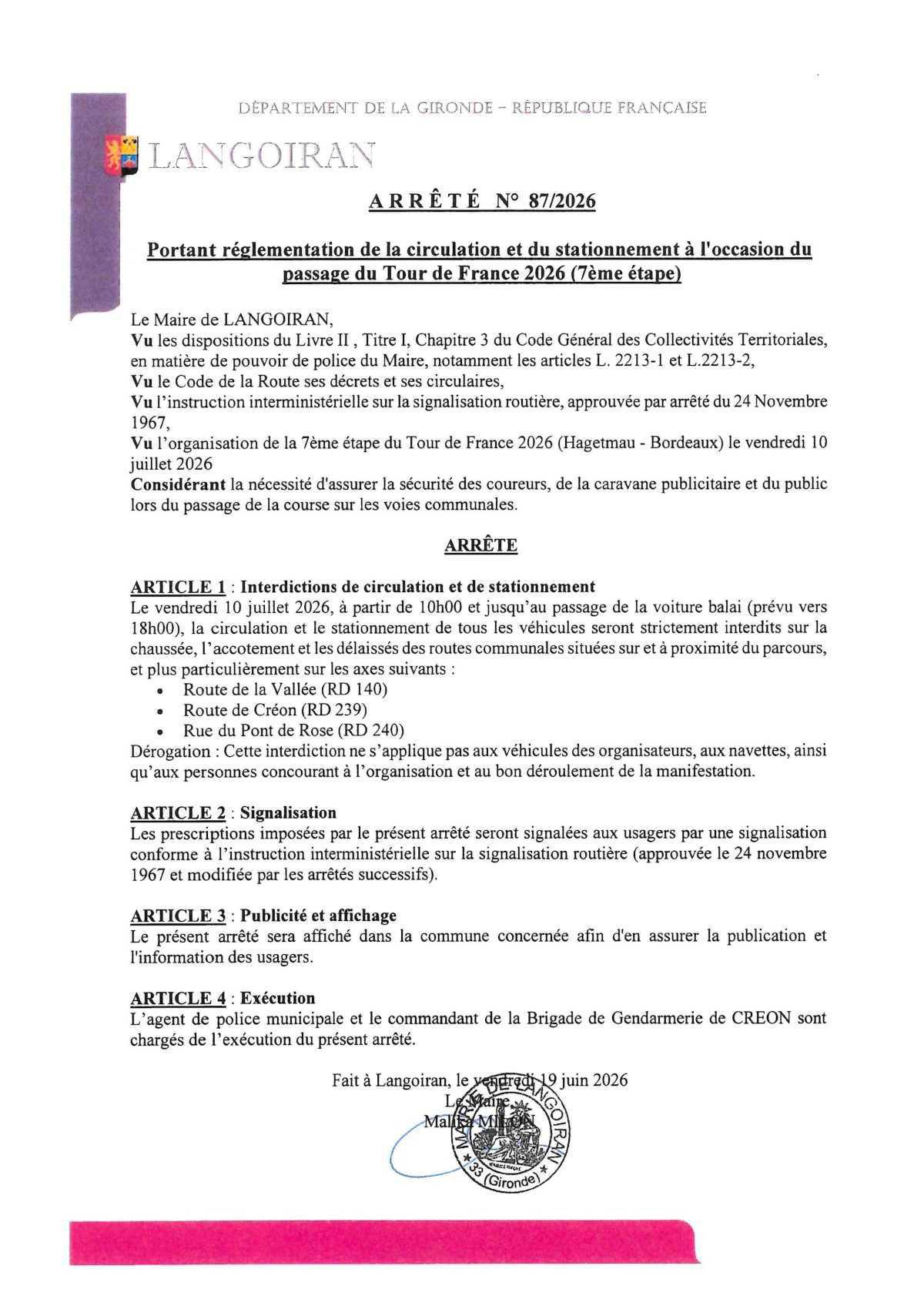 Arrêté règlementation circulation et stationnement - Passage du Tour de France le 10 juillet 2026