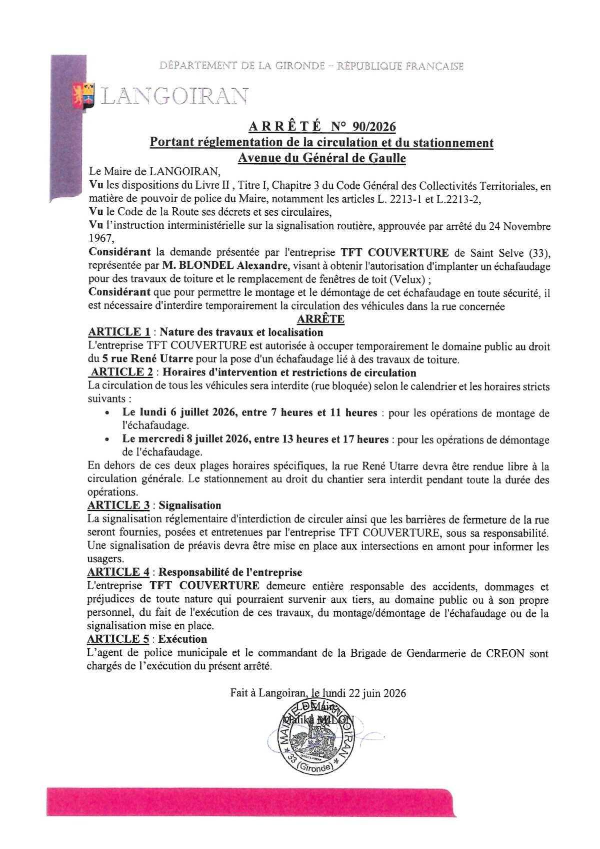 Arrêté règlementation circulation et stationnement - Avenue du Général de Gaulle