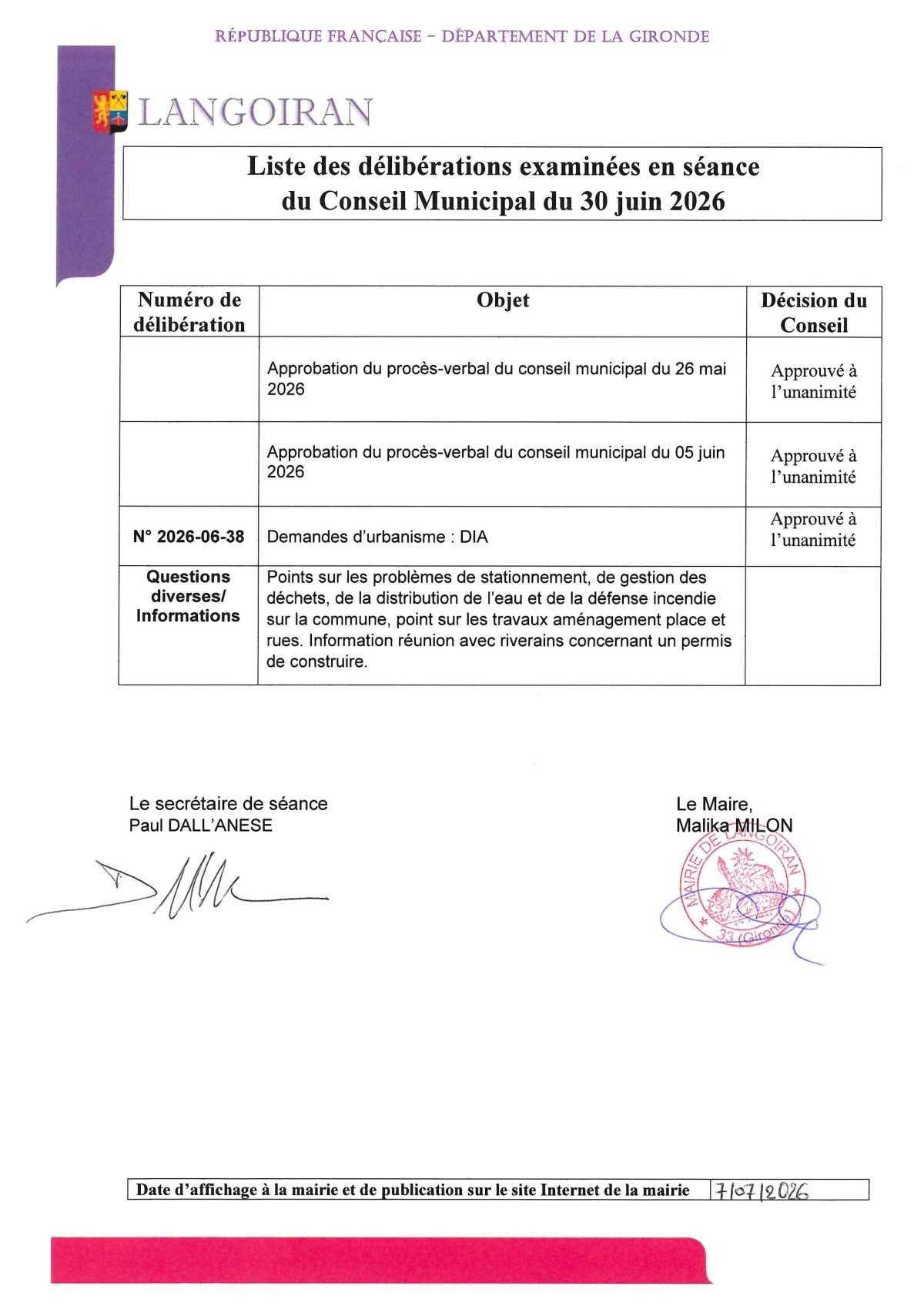  Conseil municipal du 30/06/2026