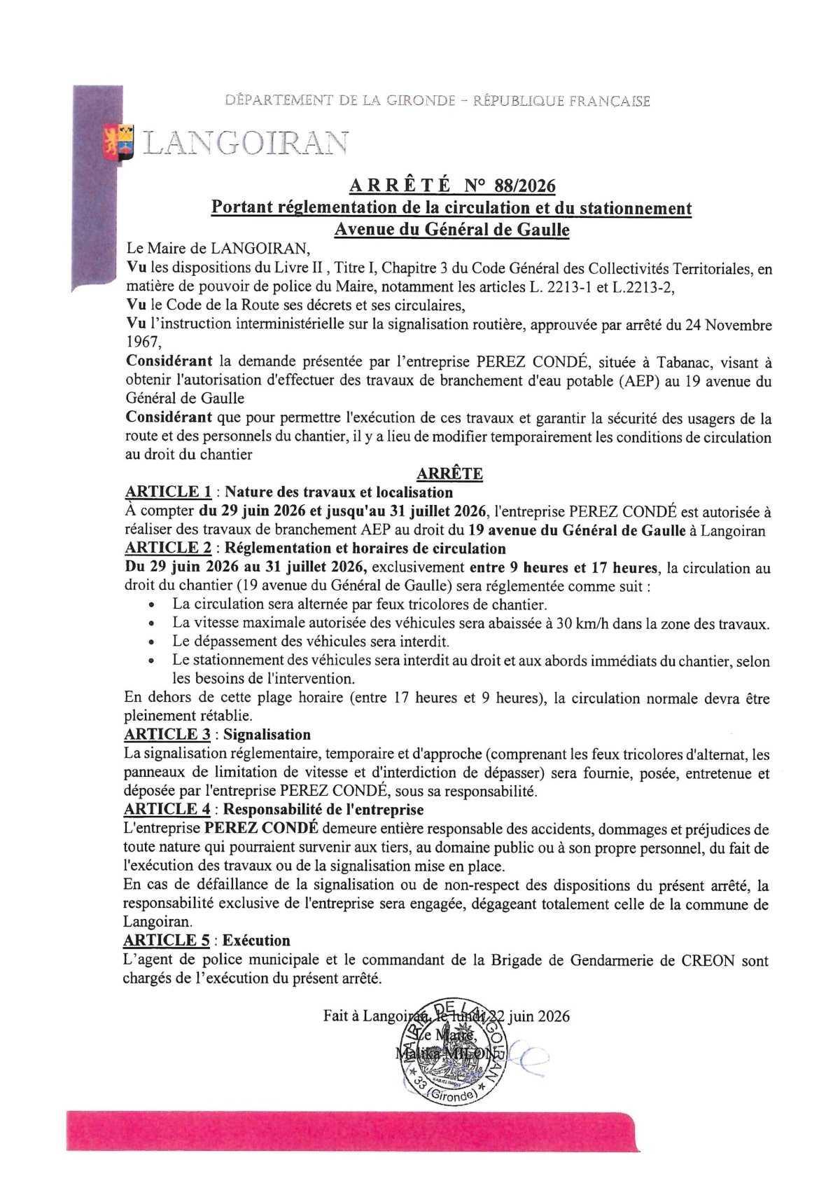 Arrêté règlementation circulation et stationnement - Avenue du Général de Gaulle