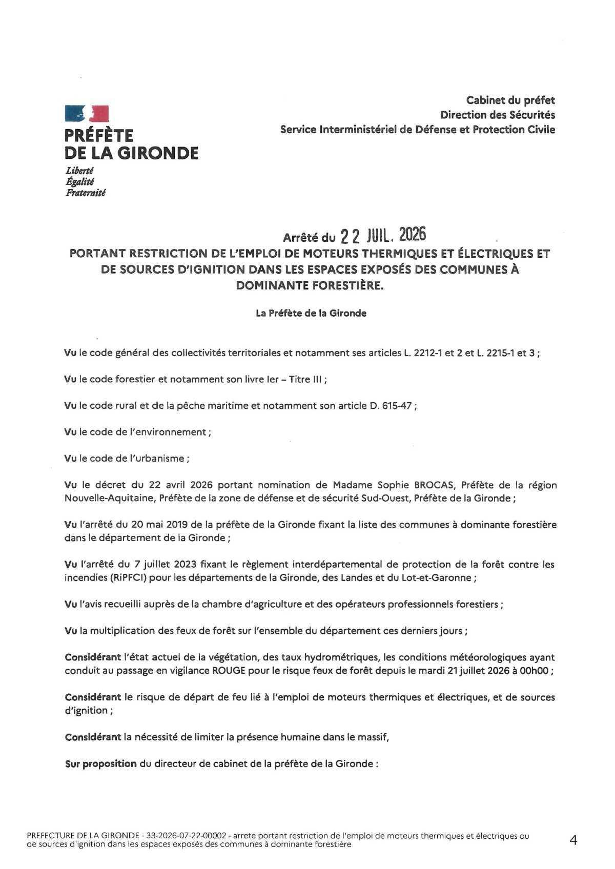 Arrêté préfectoral : règlementation emploi de moteurs thermiques et électriques