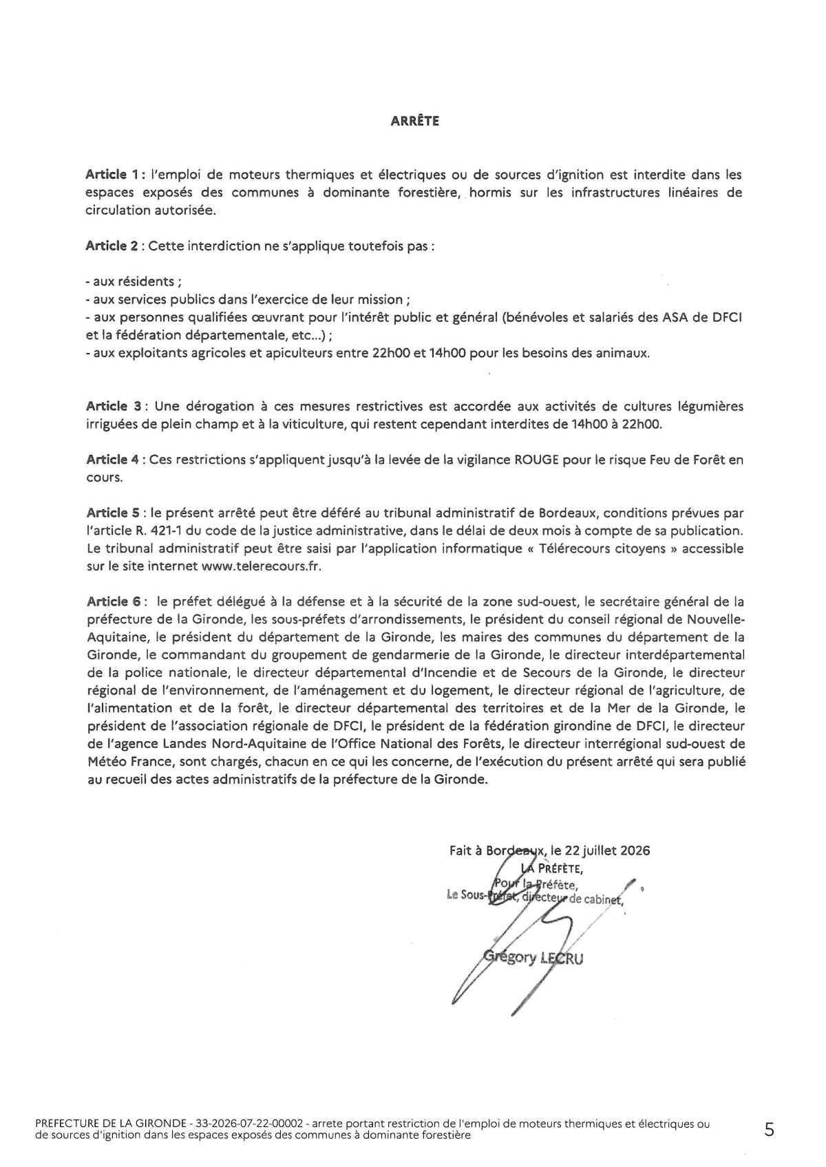 Arrêté préfectoral : règlementation emploi de moteurs thermiques et électriques