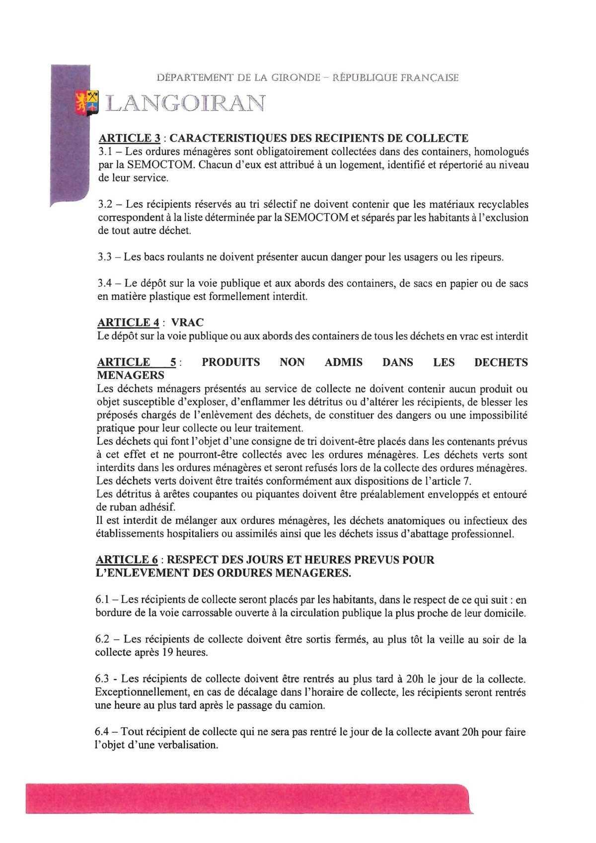 Arrêté relatif aux ordures ménagères, encombrants et déchets verts