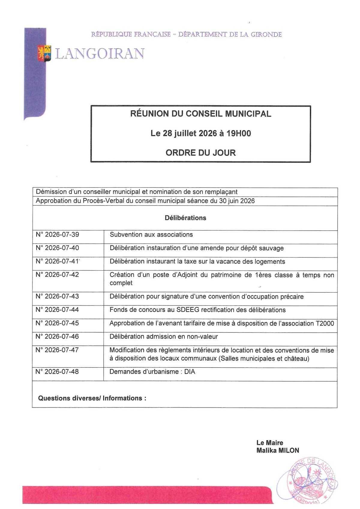 Conseil municipal du 28/07/2026