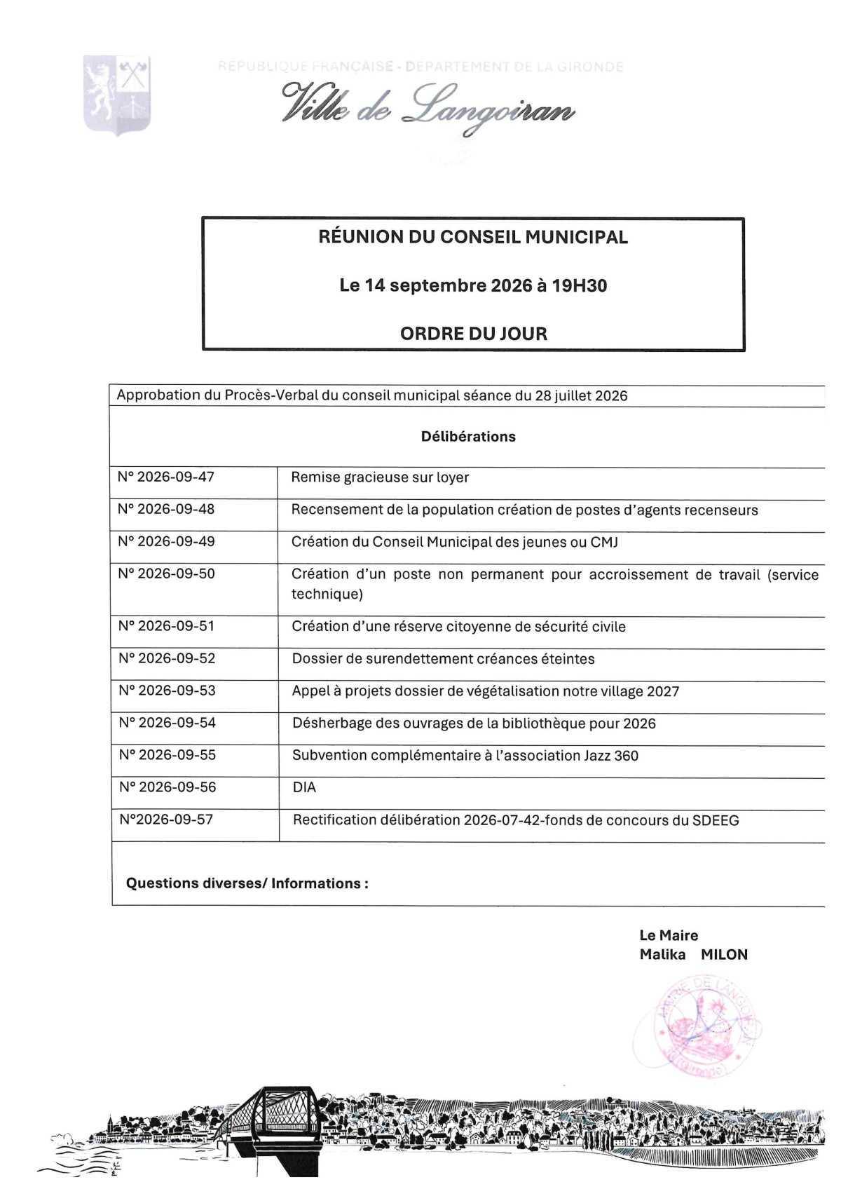 Conseil municipal du 14/09/2026