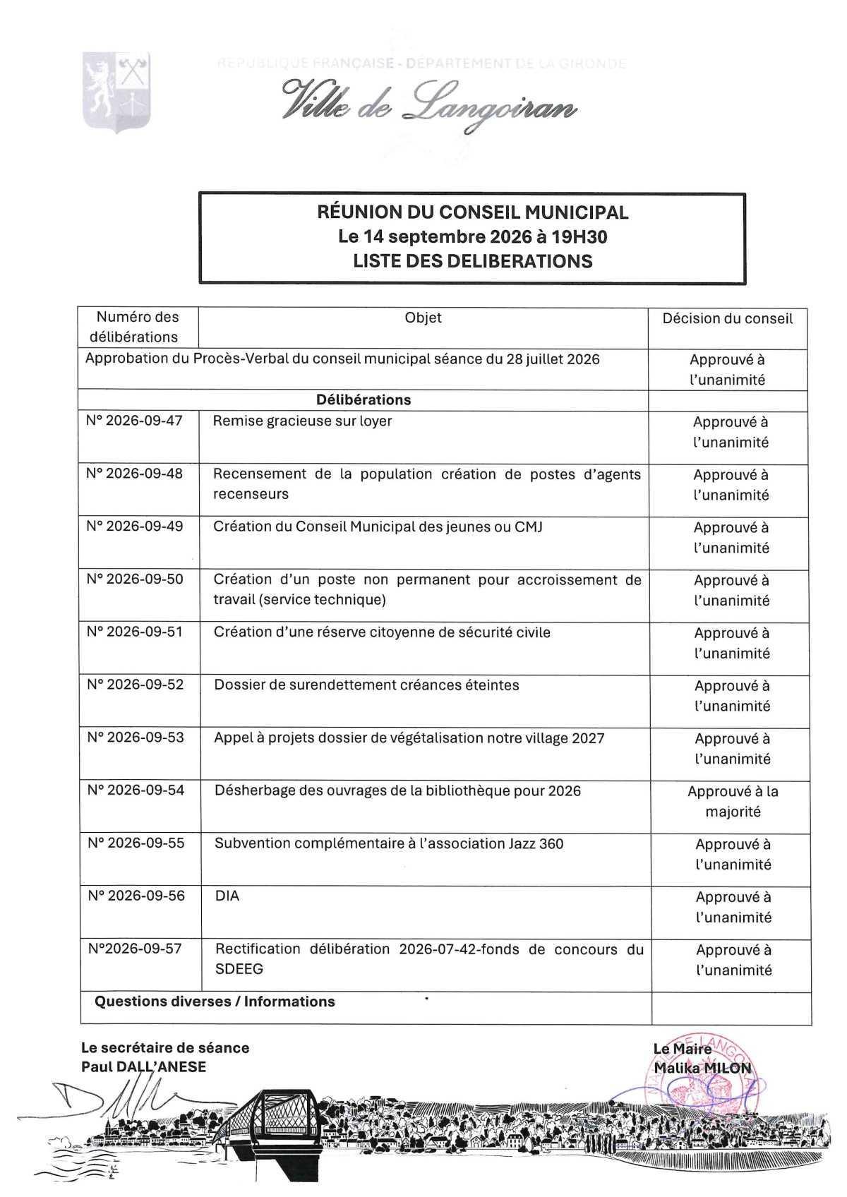 Conseil municipal du 14/09/2026