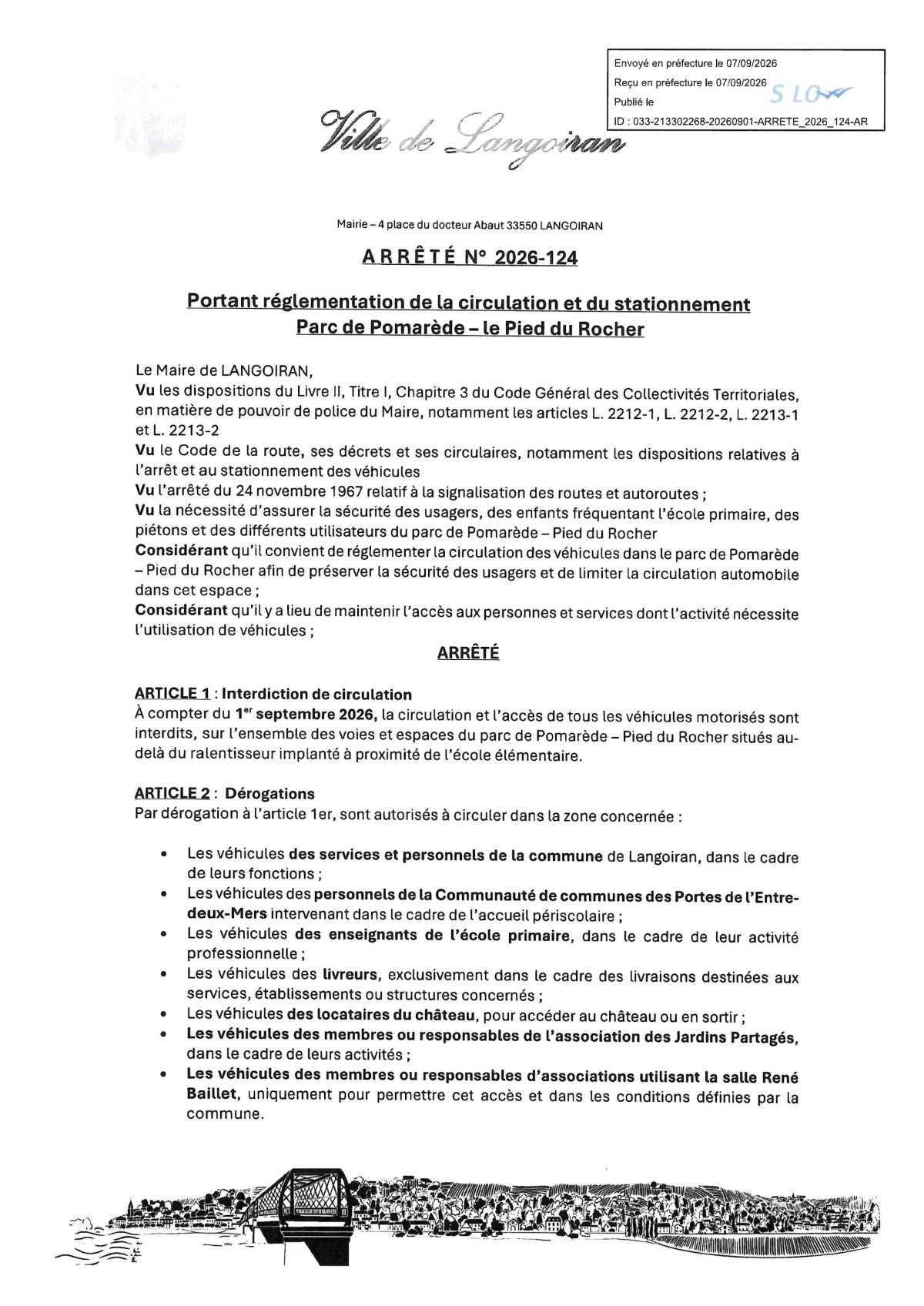 Arrêté règlementation circulation et stationnement - Parc de Pommarède, le Pied du Rocher