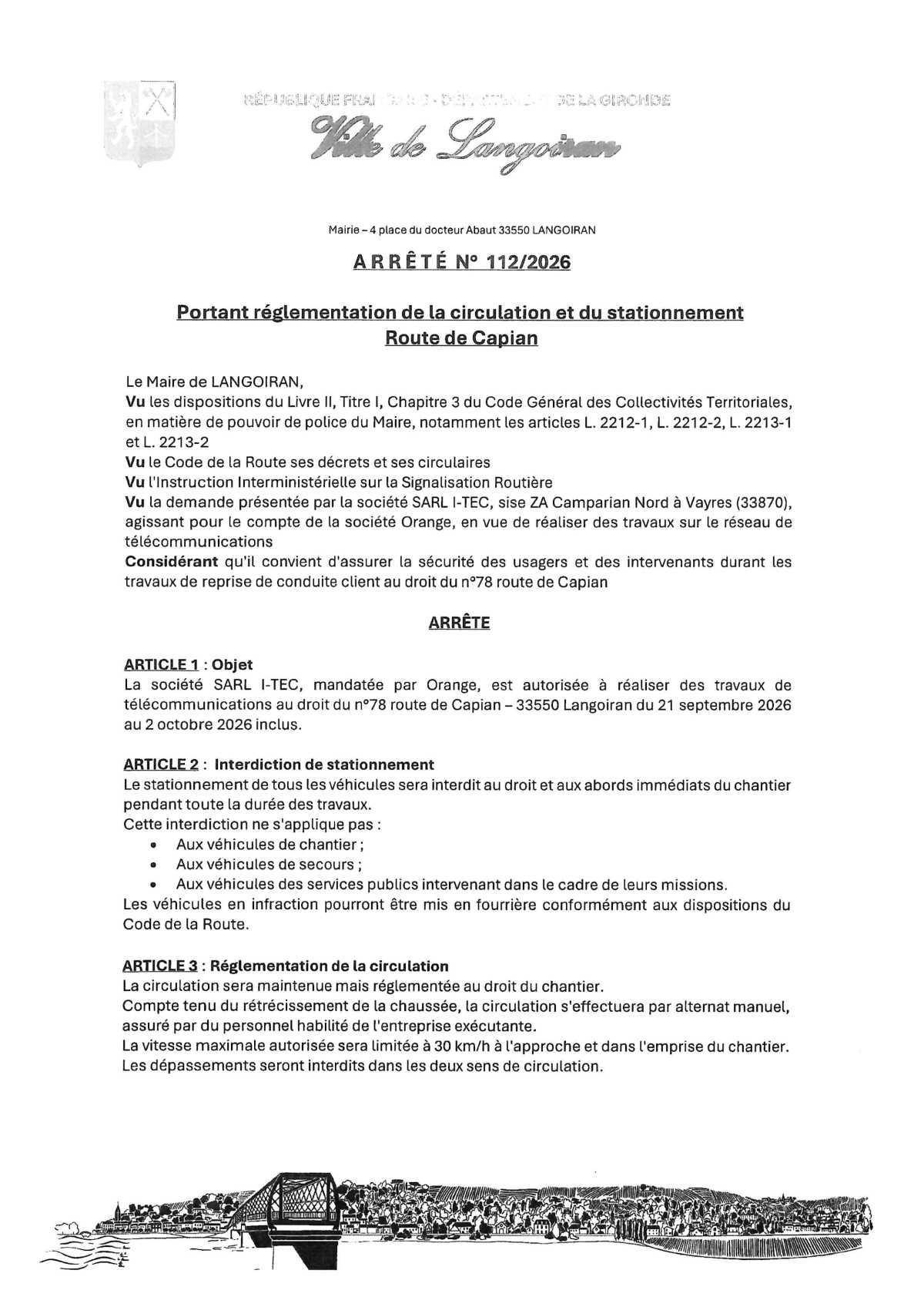 Arrêté règlementation circulation et stationnement - 78 route de Capian (travaux télécom)