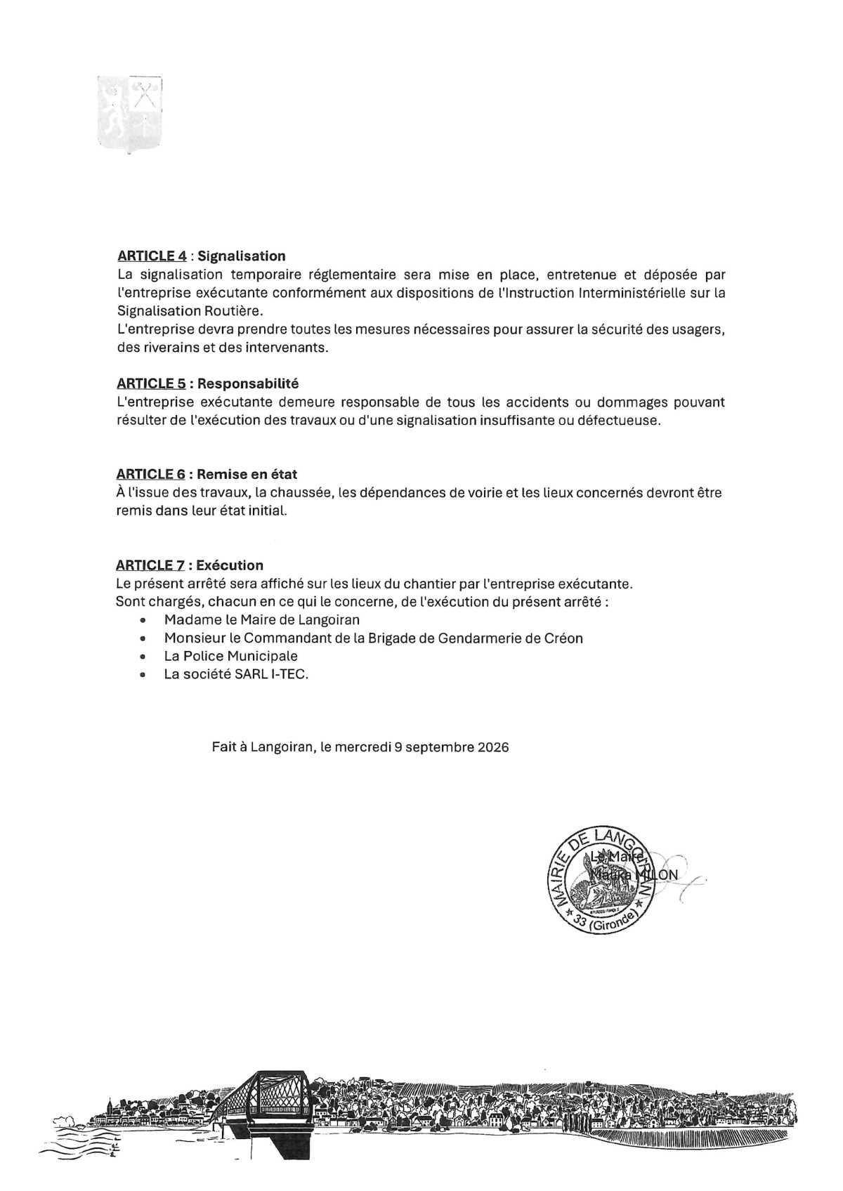 Arrêté règlementation circulation et stationnement - 78 route de Capian (travaux télécom)
