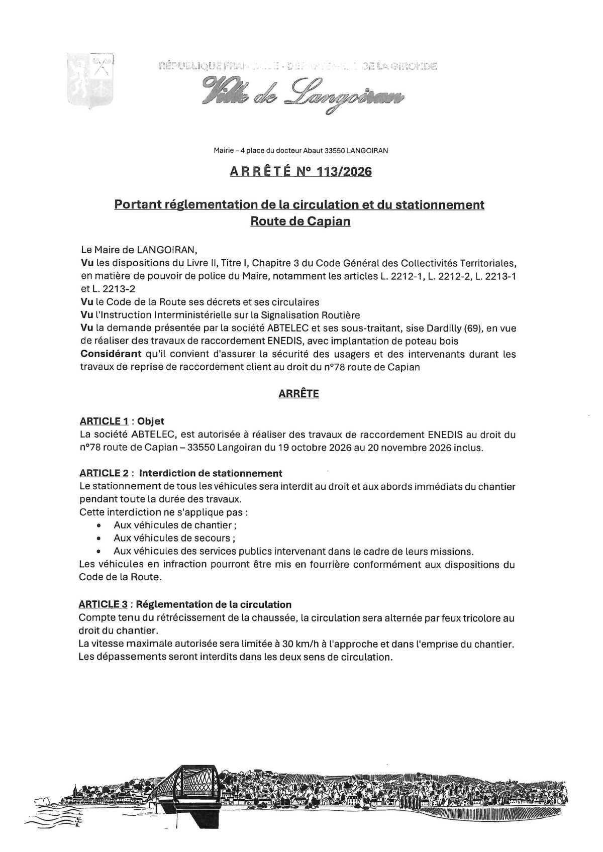 Arrêté règlementation circulation et stationnement - 78 route de Capian (travaux de raccordement électrique)
