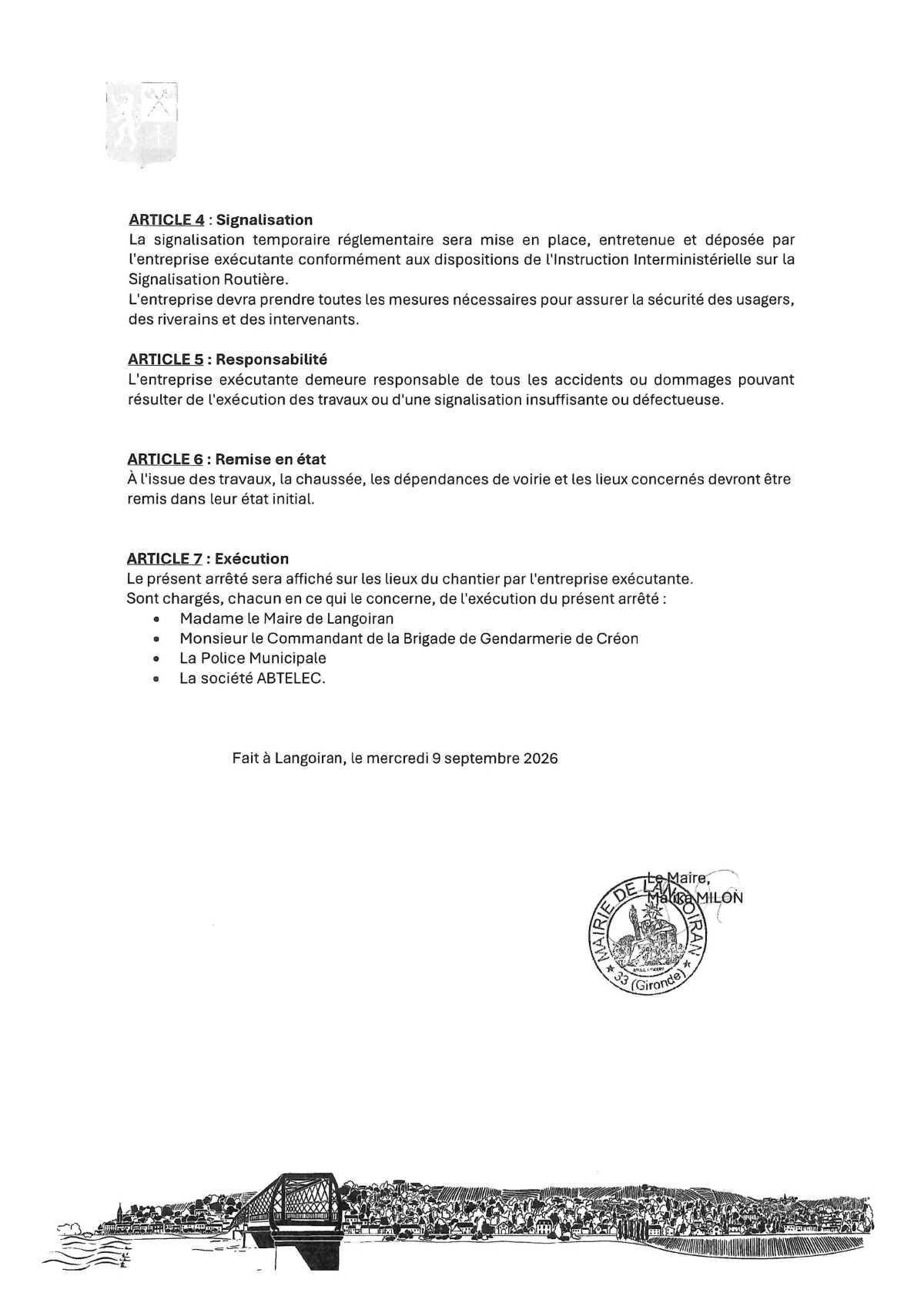 Arrêté règlementation circulation et stationnement - 78 route de Capian (travaux de raccordement électrique)