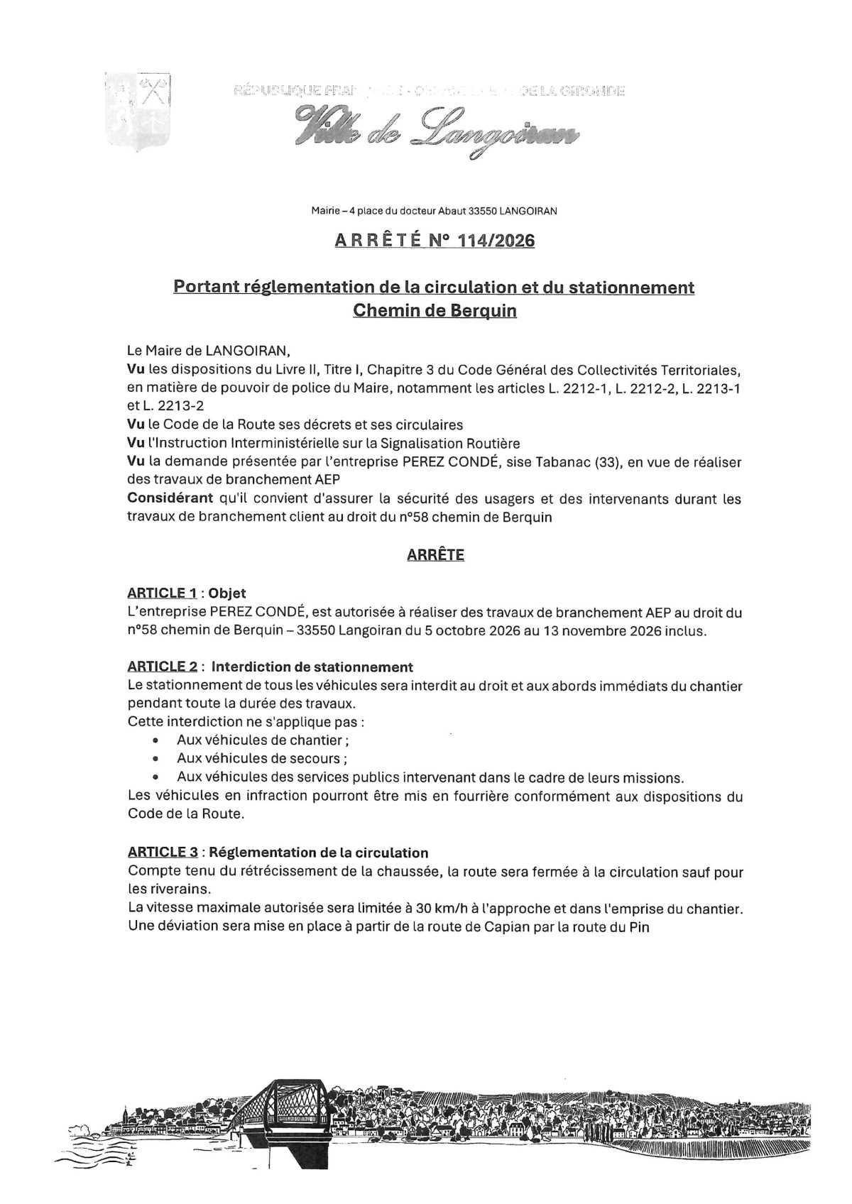 Arrêté règlementation circulation et stationnement - Chemin de Berquin