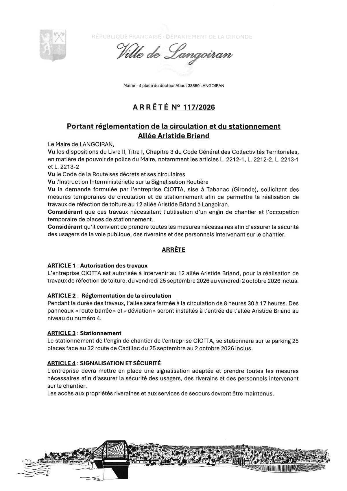 Arrêté règlementation circulation et stationnement - Allée Aristide Briand