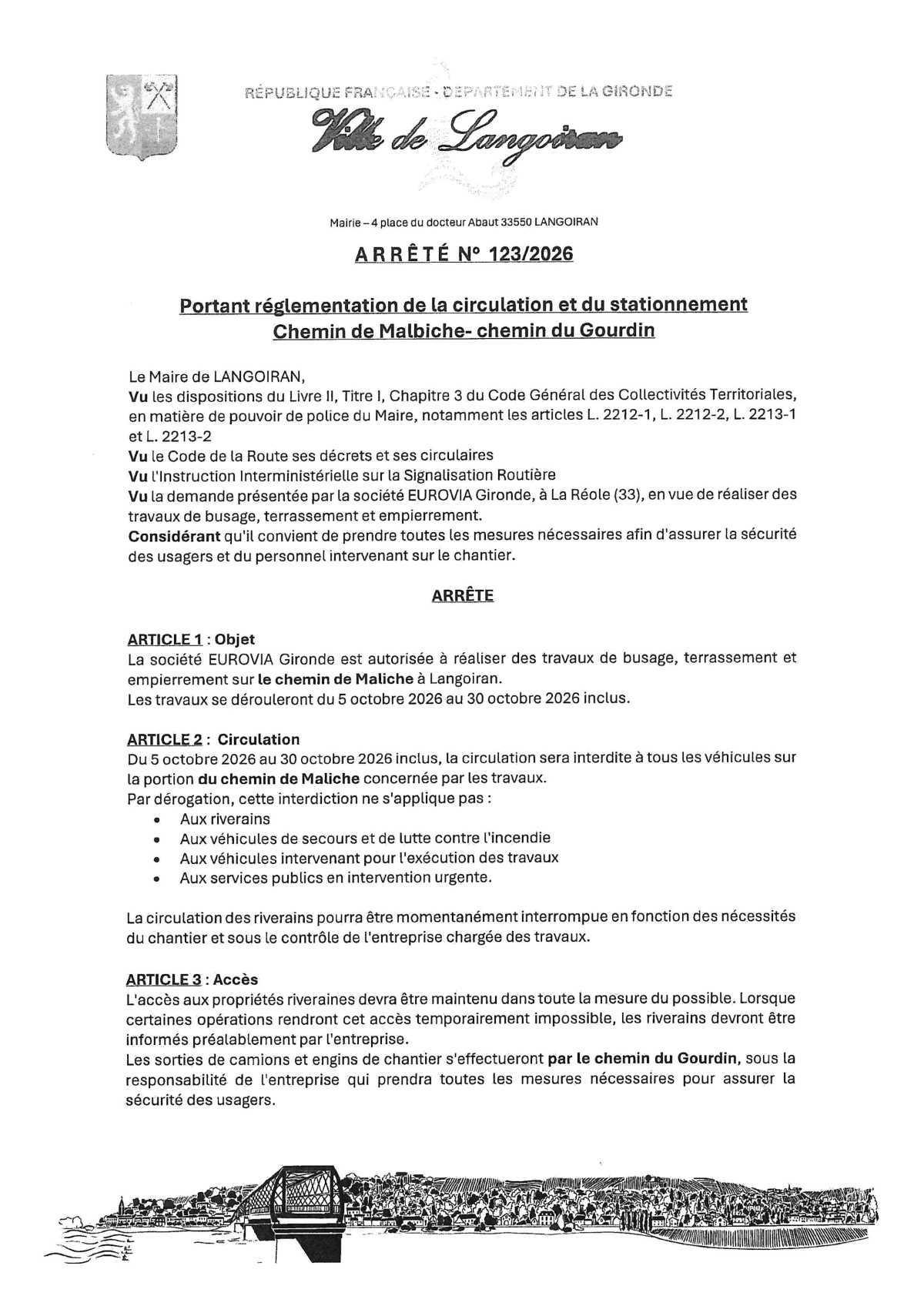 Arrêté règlementation circulation et stationnement - Chemin de Malbiche - Chemin du Gourdin