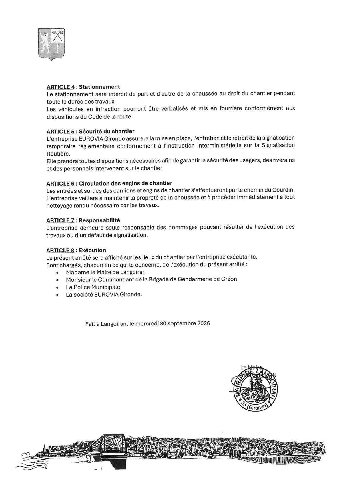 Arrêté règlementation circulation et stationnement - Chemin de Malbiche - Chemin du Gourdin