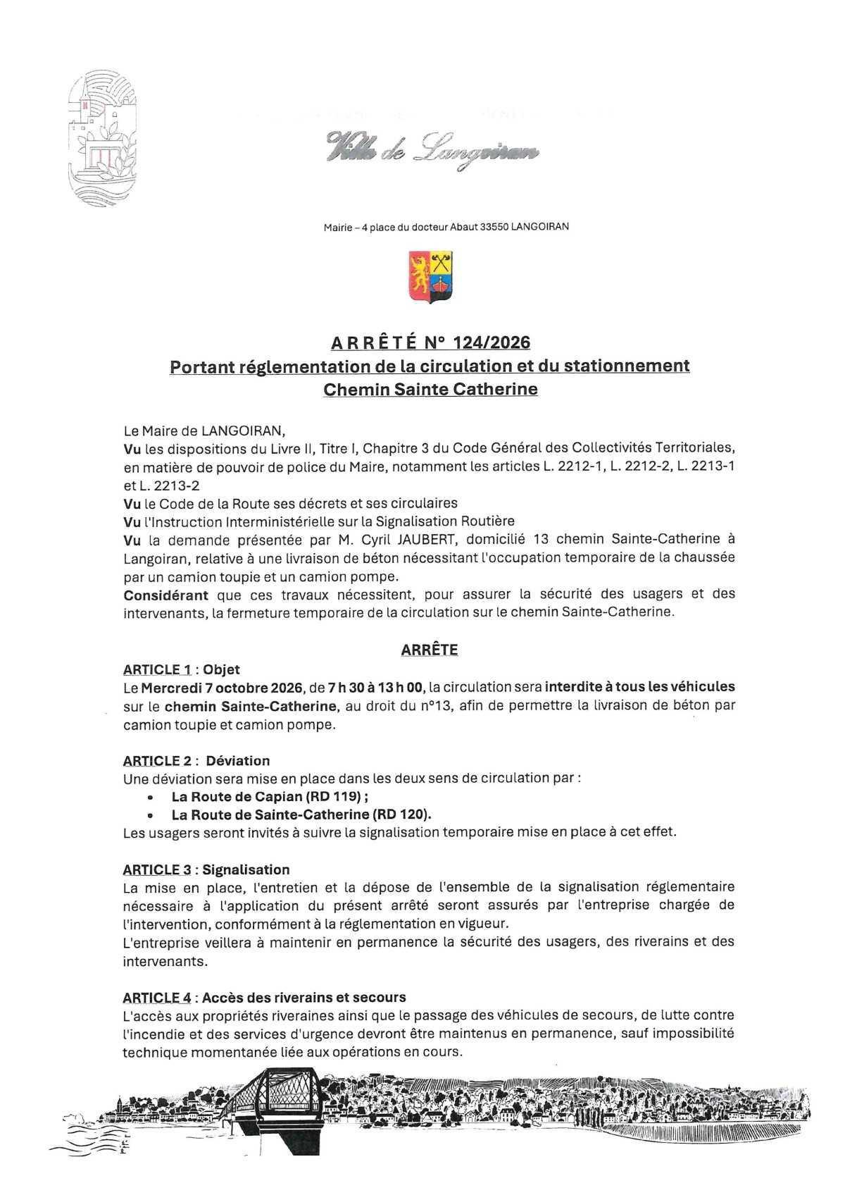 Arrêté règlementation circulation et stationnement - Chemin Sainte Catherine