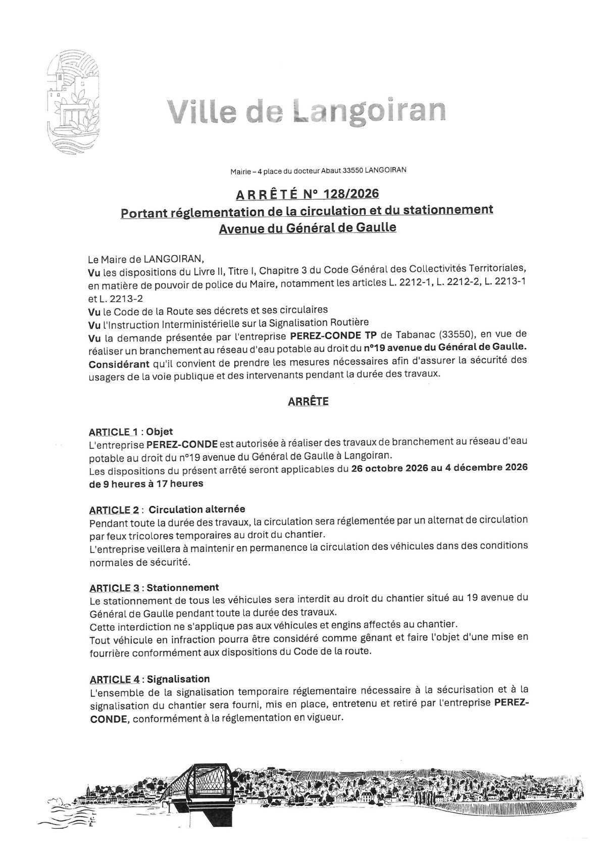 Arrêté règlementation circulation et stationnement - avenue du Général de Gaulle