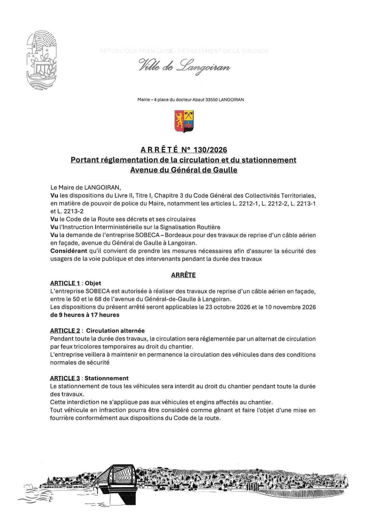 Arrêté règlementation circulation et stationnement - avenue du Général de Gaulle (Ent SOBECA)